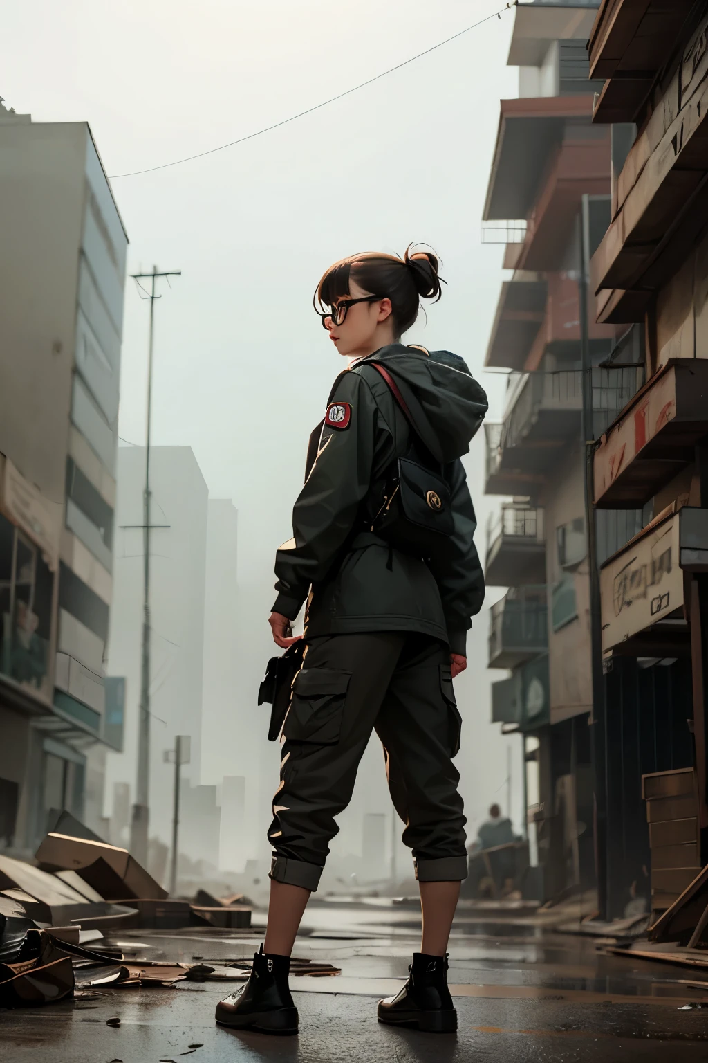 Wide angle, view from behind, a pretty girl messenger, wearing large glasses, undercut hair, wearing postal uniform, in a post-apocalyptic world