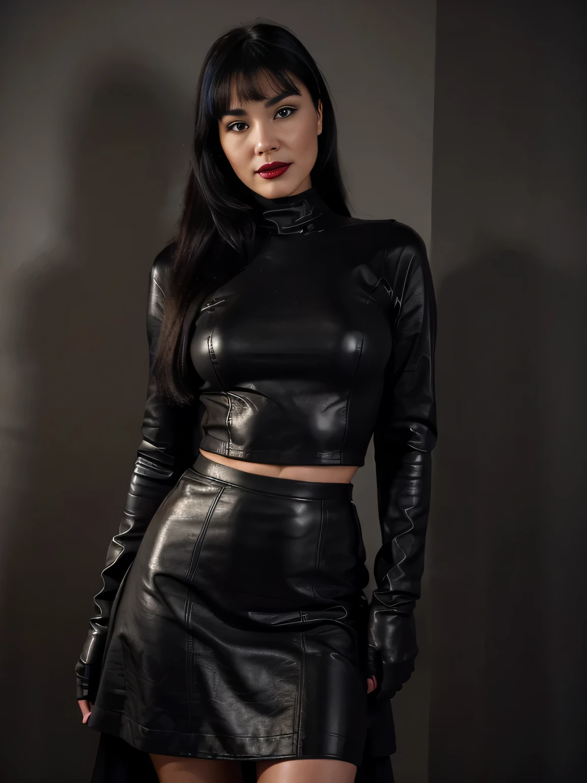 proFessional portrait photograph oF a gorgeous smiling woman,Bettie page girl in winter clothing ,ponytail Black hair, red lipstick,black long maxi-skirt(black long maxi-skirt:1.2),sultry Flirty look, gorgeous symmetrical Face, joli maquillage naturel, wearing elegant warm winter Fashion clothing,flirting with the camera, ((black leather gloves)),  (standing in front of me in my dark hotel room waitin for love )), ultra realistic, art conceptuel, elegant, Very detailed, complexe, sharp Focus, depth oF Field, F/1. 8, 85mm, (((proFessionally color graded))), bright soFt diFFused light, (volumetric Fog), tendance sur Instagram, hdr 4k, 8K