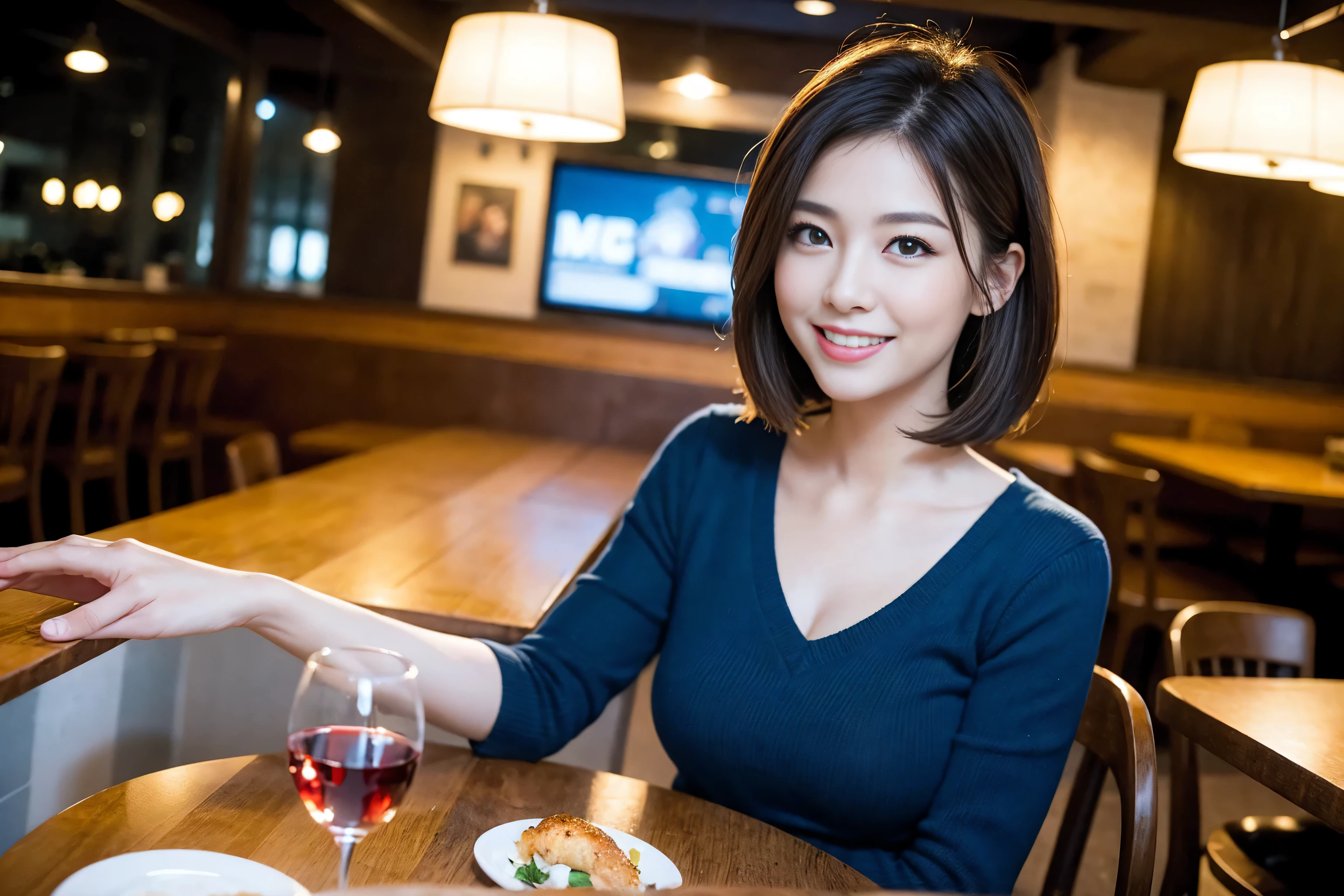 ((highest quality、8k、masterpiece:1.3))、Sharp focus:1.2、Beautiful woman perfect body:1.4、Slim body、((Bob Hale、Straight hair:1.2))、(to be born, highest quality, masterpiece:1.5), (Realistic, Intricate details:1.2), Ultra-high resolution, shine a light on your face、Spectacular view of the sunset sky and clouds、Amazing mountain views、A bright smile、wine glass、red wine 、Appetizer、Italian food、Wine bottle、Champagne、sparkling wine、, Beautiful Face, blue eyes, The light shines on your face, Blushing, short hair,Bright Face、Fox face、 (36 years old), 39 years old, Lady、Two beauties、Brown Hair、Shortcuts、Long sleeve shirt、dress、Pretty Woman 1, (slim face), (The body is slim), (Brown Hair), (Shortcuts), cheeks turn a little red,Attractive beauty、, Out of the window, A beautiful and detailed night view unfolds.........., restaurant, In a prominent place (From the waist up) Nova Frog Style, actress, model, Upper Body, White wine, slim, wine glass, A wine glass placed in the middle, smile, (smile: 1.15), Beautiful fine grain, Depth f/2,saturation, High Contrast, Strong light and shadow,Moist Body:1.5、3D texture、Delicate eyes、Brown Hair、The hair is very shiny、