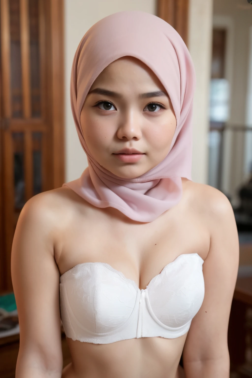 ((Chubby:1.6)), ((Flat Chest)), Naked, Angry pose, Angry face, (((HIJAB MALAY GIRL))), masutepiece, High quality, UHD 45K, Realistic face, Realistic skin feeling , A Malaysia Lady, 18 years old, , Very cute and baby-like face, (((FLAT CHEST))), (MATRIX WORLD), ((look In front at the camera and SADNESS)), ((())), (((CUTE GIRL))), ((WHITE PASTEL LIPS)), ((WEARING STRAPLESS PASTEL BRA)), ((CHUBBY)), ((UNDRESS)). Brown, Flat Chest,