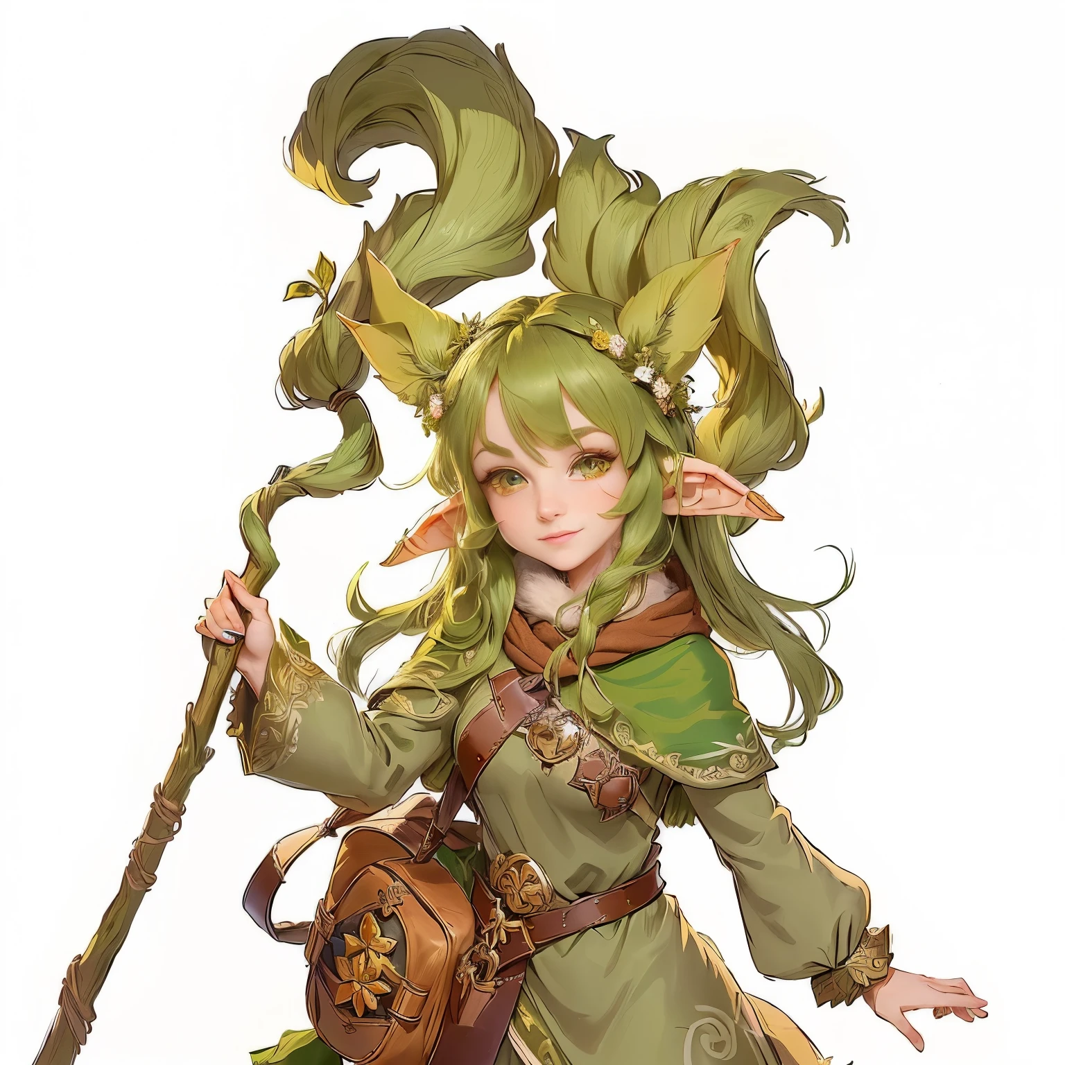 Cartoon style image of a woman holding a stick and a bag, Elf Girl, a Druid, Fairy Girl DND Characters, goblin female portrait, The wood elves, Rune Factory 5's art style, She has elf ears and golden eyes, Elf Girl wearing an flower suit, Druid, gnome Druid, beautiful The wood elves, nature Druid, female Druid, Elf Portrait