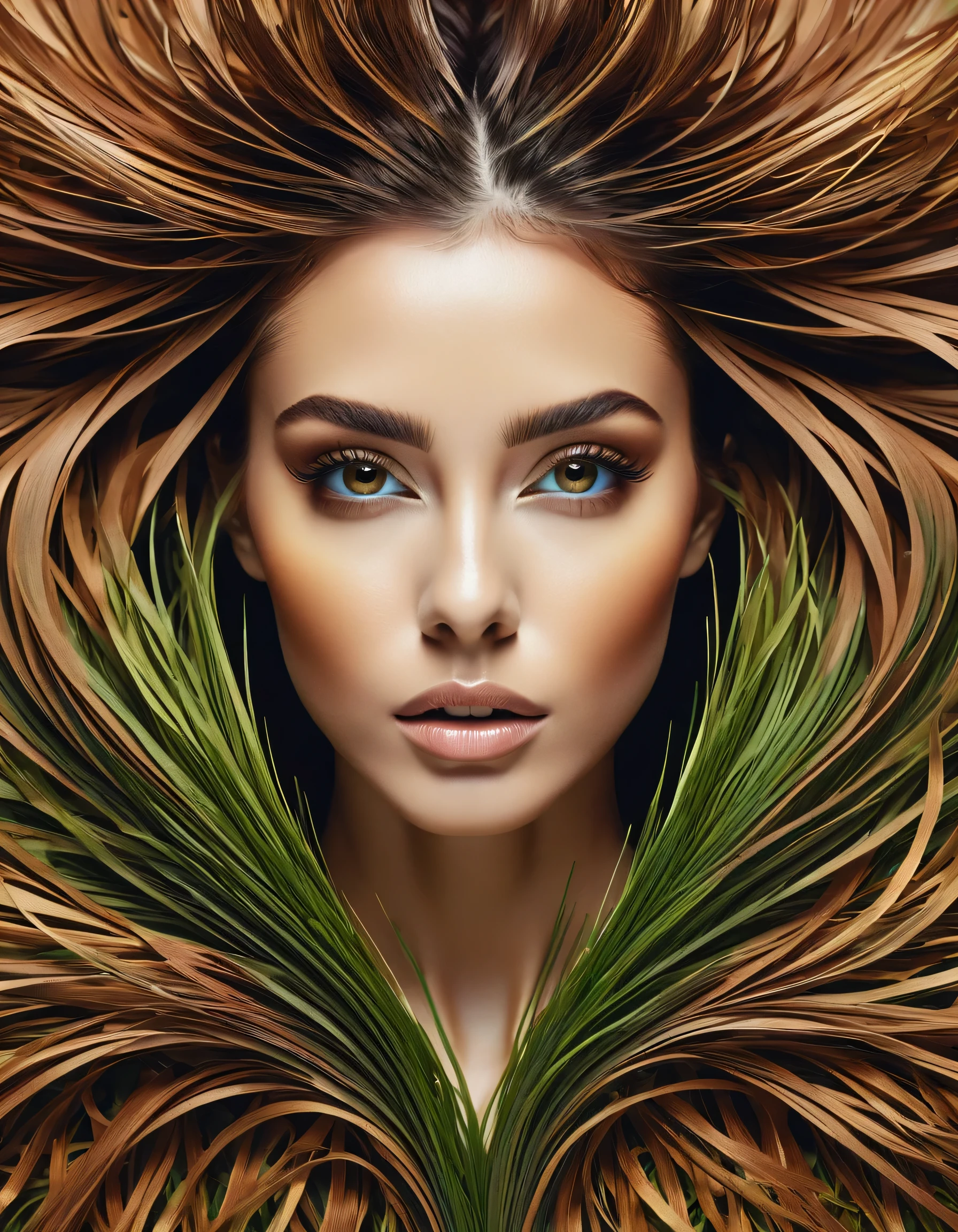 ultra detailed artistic abstract photograph of a geometric woman, 32k fashion abstract poster of beautiful woman, 3D grass hair , abstract, detailed symmetrical brown eyes with round iris, pieces of paper, Natural Body Posture, symmetric, abstract artistic style, complex watercolor painting, digital painting, Color explosion, concept art, volumetric lighting, 3D-октановый рендеринг, 8k.