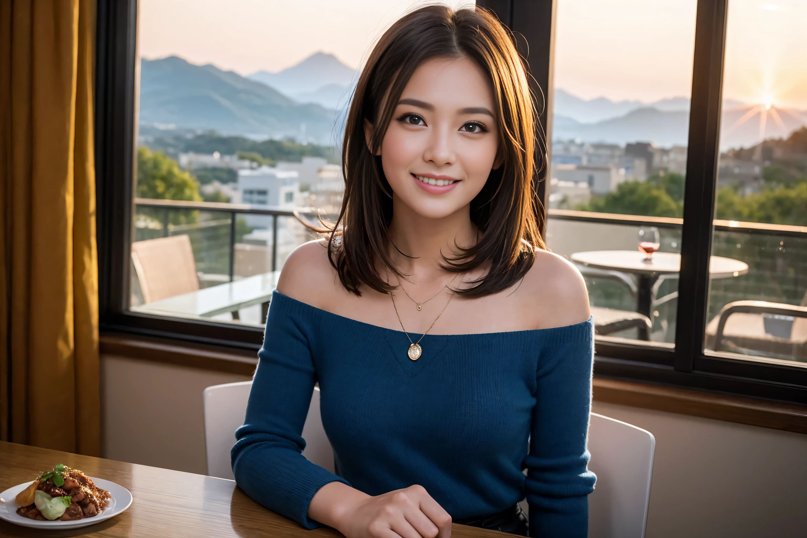 ((highest quality、8k、masterpiece:1.3))、Sharp focus:1.2、Beautiful woman perfect body:1.4、Slim body、((Bob Hale、Straight hair:1.2))、(to be born, highest quality, masterpiece:1.5), (Realistic, Intricate details:1.2), Ultra-high resolution, shine a light on your face、Spectacular view of the sunset sky and clouds、Amazing mountain views、A bright smile、wine glass、red wine 、Appetizer、Italian food、Wine bottle、Champagne、sparkling wine、, Beautiful Face, blue eyes, The light shines on your face, Blushing, short hair,Bright Face、Fox face、 (36 years old), 39 years old, Lady、Two beauties、Brown Hair、Shortcuts、Long sleeve shirt、dress、Pretty Woman 1, (slim face), (The body is slim), (Brown Hair), (Shortcuts), cheeks turn a little red,Attractive beauty、, Out of the window, A beautiful and detailed night view unfolds.........., restaurant, In a prominent place (From the waist up) Nova Frog Style, actress, model, Upper Body, White wine, slim, wine glass, A wine glass placed in the middle, smile, (smile: 1.15), Beautiful fine grain, Depth f/2,saturation, High Contrast, Strong light and shadow,Moist Body:1.5、3D texture、Delicate eyes、Brown Hair、The hair is very shiny、