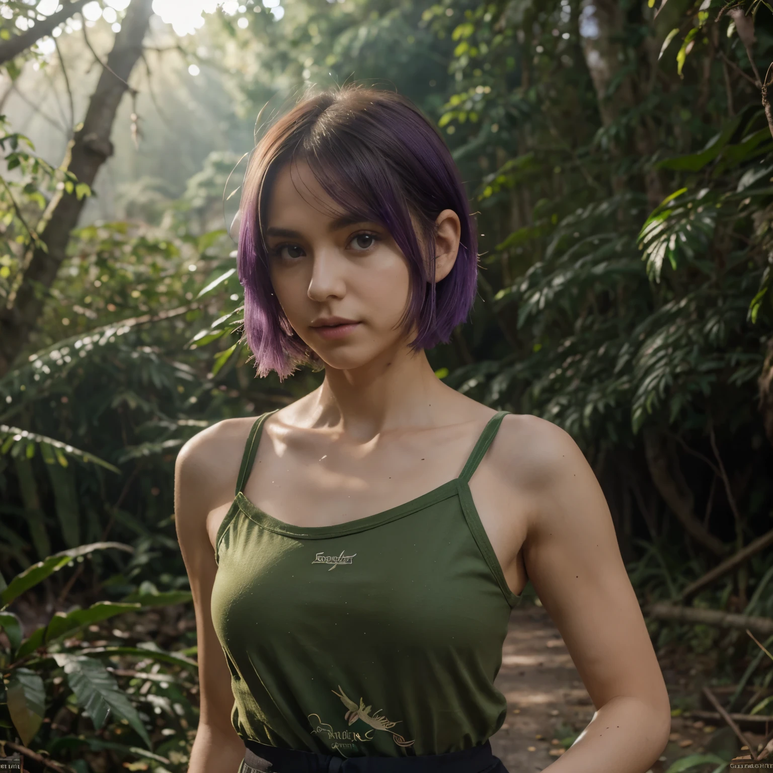 ratte867, 1 chica, solo, (pelo verde bosque:1.2), asymmetrical hair cut, (ropa violeta:1.2) Obra maestra, mejor calidad, photorealista, realista, (foto cruda, 8k hd, film grain), caustics, subsurface dispersion