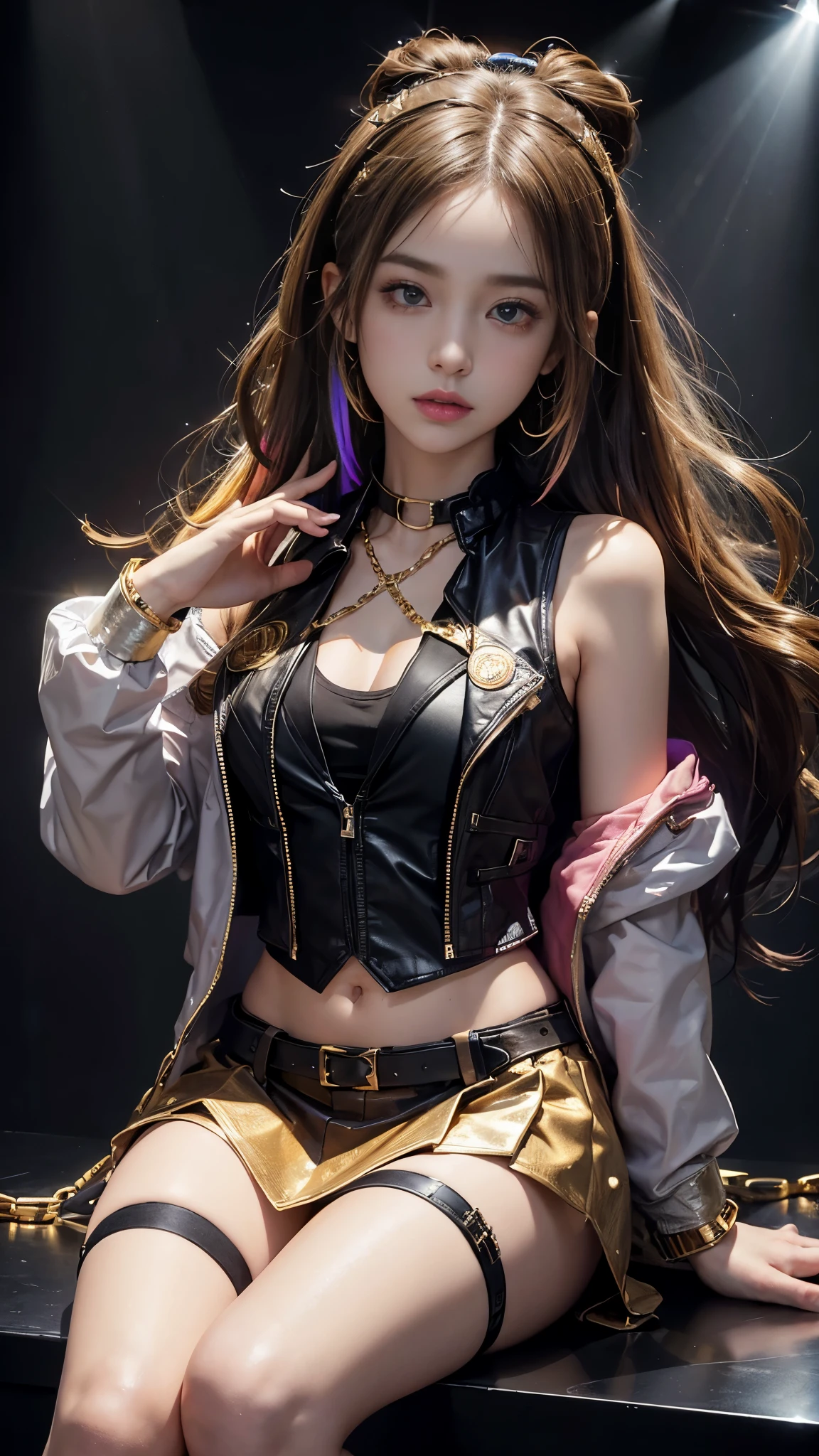 8K, ultra hd, masterpiece, hd colors, 1 girl, perfect face, very long curly hair, detailed eyes, rockstar outfit, ((golden jacket)), ((thin vest)), short mini skirt, belt:1.5, stocking, ((criss-cross tape)), ((chain)), stars, bare shoulder, bare stomach, jwellery, Realistic club, lighting stage, (spot light:1.5), night club, decorated stage, bulbs, (colorful light:1.5), bloom lighting, foggy effect, sitting,