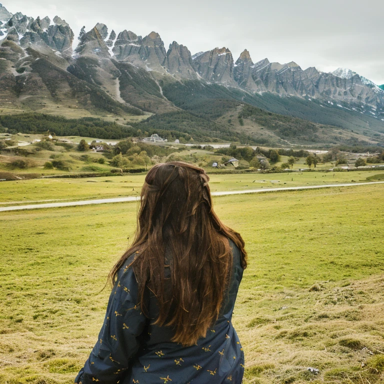 there is a woman standing in a field flying a kite, hills in the background, looking at the mountains, panoramic view of girl, amidst nature, long long flowing hair, in mountains, with mountains in the background, long hair girl, looking off into the distance, in front of a forest background, view from back, standing in front of a mountain, in a valley