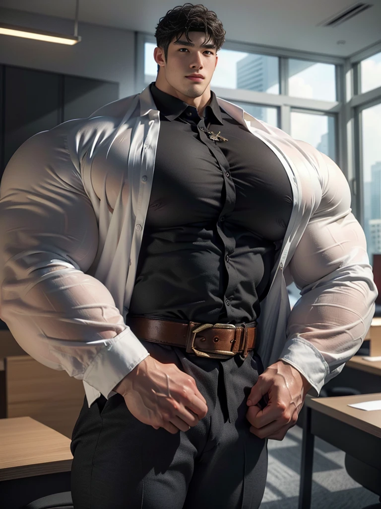 (best quality:1.5, hyperrealistic:1.5, photorealistic:1.4, madly detailed CG unity 8k wallpaper:1.5, masterpiece:1.3, enthusiastically detailed photo:1.2), (hyper-realistic lifelike texture:1.4), highly detailed, ((masterpiece, best quality)) ,extremely detailed 8K wallpaper, 1 korean male, (korean man with k-pop idol look), 20yo, handsome, detailed face, swollen muscle, stubble, sexy and masculine, tailored suit & pants, prominent bulge, photo real, illuminating light, big, brutalmass, giant, heavyweight bodybuilder, bulk, massive body, large size, fierce, at office