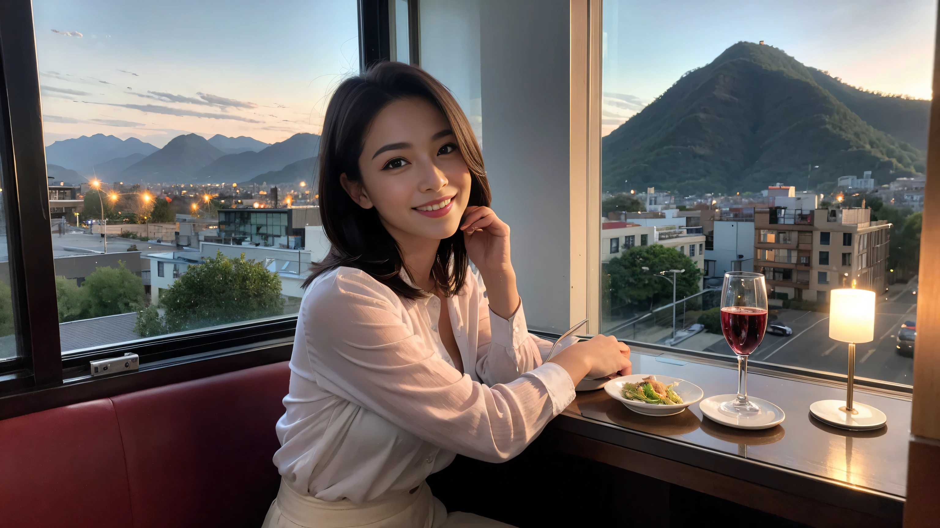 ((highest quality、8k、masterpiece:1.3))、Sharp focus:1.2、Beautiful woman perfect body:1.4、Slim body、((Bob Hale、Straight hair:1.2))、(to be born, highest quality, masterpiece:1.5), (Realistic, Intricate details:1.2), Ultra-high resolution, shine a light on your face、Spectacular view of the sunset sky and clouds、Amazing mountain views、A bright smile、wine glass、red wine 、Appetizer、Italian food、Wine bottle、Champagne、sparkling wine、, Beautiful Face, blue eyes, The light shines on your face, Blushing, short hair,Bright Face、Fox face、 (36 years old), 39 years old, Lady、Two beauties、Brown Hair、Shortcuts、Long sleeve shirt、dress、Pretty Woman 1, (slim face), (The body is slim), (Brown Hair), (Shortcuts), cheeks turn a little red,Attractive beauty、, Out of the window, A beautiful and detailed night view unfolds.........., restaurant, In a prominent place (From the waist up) Nova Frog Style, actress, model, Upper Body, White wine, slim, wine glass, A wine glass placed in the middle, smile, (smile: 1.15), Beautiful fine grain, Depth f/2,saturation, High Contrast, Strong light and shadow,Moist Body:1.5、3D texture、Delicate eyes、Brown Hair、The hair is very shiny、
