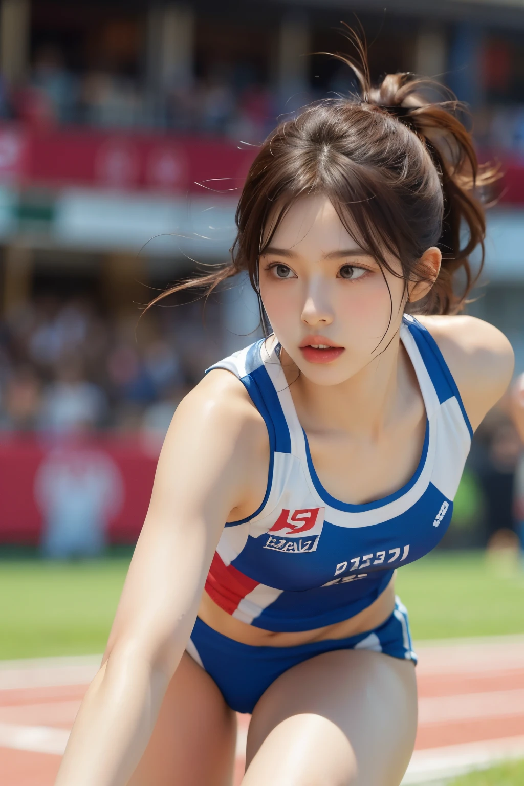 Olympic women's long jump, photographed jumping from the front, face enhancement, serious look, sweat, sense of speed, sense of running, dynamic movement, running, competition, masterpiece, cleavage