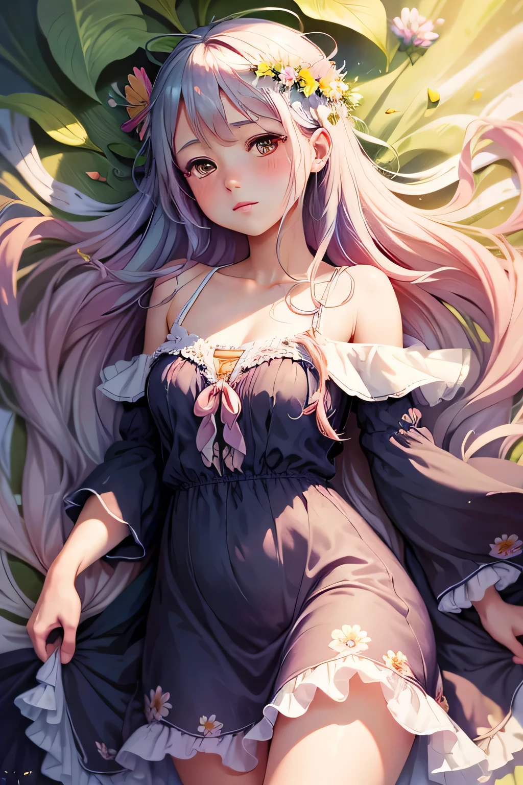 best quality,ultra-detailed,realistic,portrait,beautiful girl in a sundress,soft and flowing fabric, vibrant colors, natural lighting, delicate flowers in the background