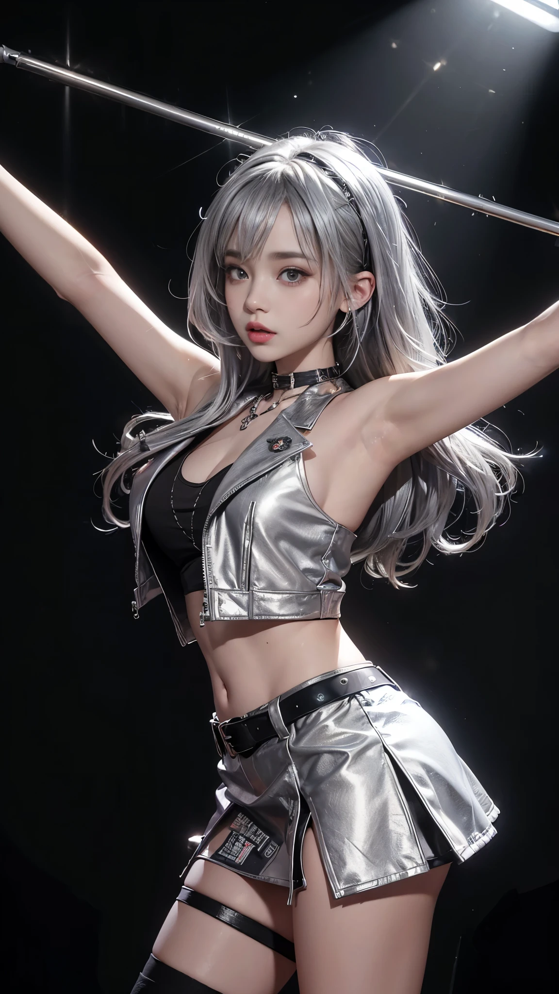 8K, ultra hd, masterpiece, hd colors, 1 girl, perfect face, very long curly hair, detailed eyes, rockstar outfit, ((silver jacket)), ((thin vest)), short mini skirt, belt:1.5, stocking, ((criss-cross tape)), ((silver chain)), stars, bare shoulder, bare stomach, jwellery, Realistic club, lighting stage, (spot light:1.5), night club, decorated stage, bulbs, (colorful light:1.5), bloom lighting, foggy effect, front body pose,