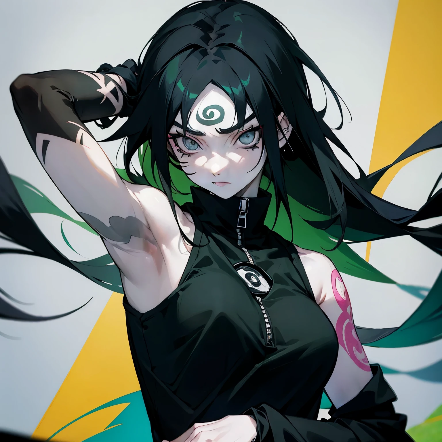 A Naruto style anime girl, with long black hair and pale skin, face piercings, grey eyes and arm tattoos. She’s wearing a green and black outfit
