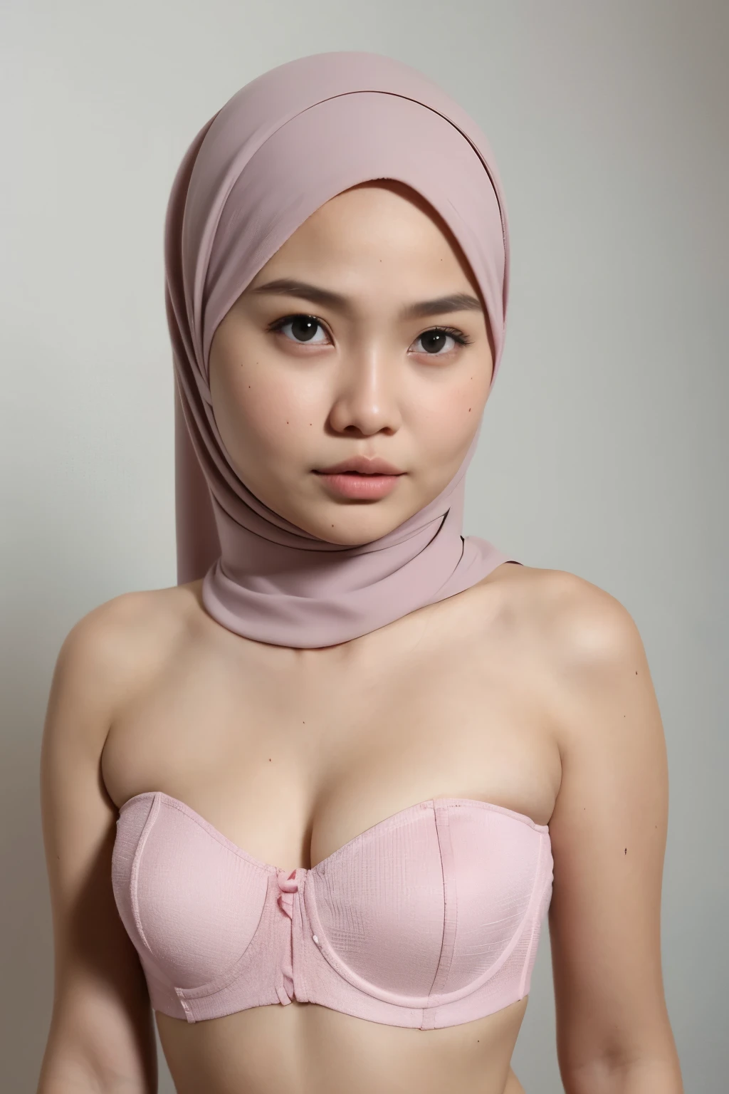 ((Chubby:1.6)), ((Flat Chest)), Naked, Angry pose, Angry face, (((HIJAB MALAY GIRL))), masutepiece, High quality, UHD 45K, Realistic face, Realistic skin feeling , A Malaysia Lady, 18 years old, , Very cute and baby-like face, (((FLAT CHEST))), (MATRIX WORLD), ((look In front at the camera and SADNESS)), ((())), (((CUTE GIRL))), ((DARK PINK PASTEL LIPS)), ((WEARING STRAPLESS PASTEL BRA)), ((CHUBBY)), ((UNDRESS)). Brown, Flat Chest,