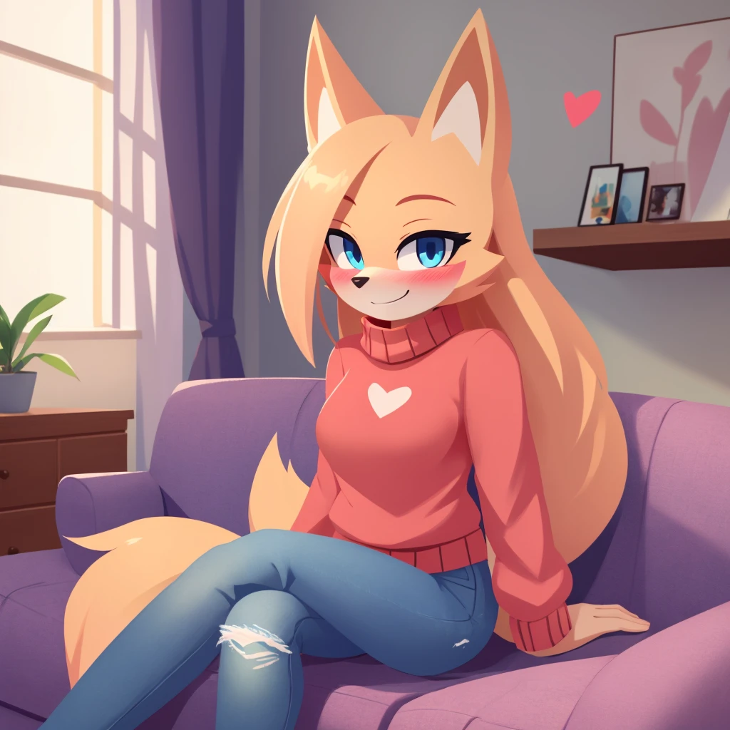 score_9, score_8_up, 1girl, solo, Whisper the wolf, blue eyes, blushing, sitting, living room, sweater, jeans, smile, closed mouth, cute, hearts, looking at viewer, lineless style, 2D 