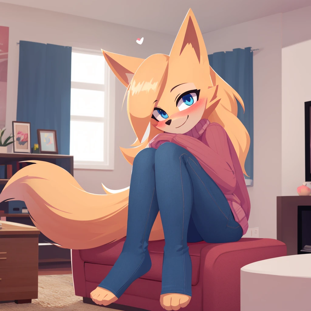 score_9, score_8_up, 1girl, solo, Whisper the wolf, blue eyes, blushing, sitting, living room, sweater, jeans, smile, closed mouth, cute, hearts, looking at viewer, lineless style, 2D 