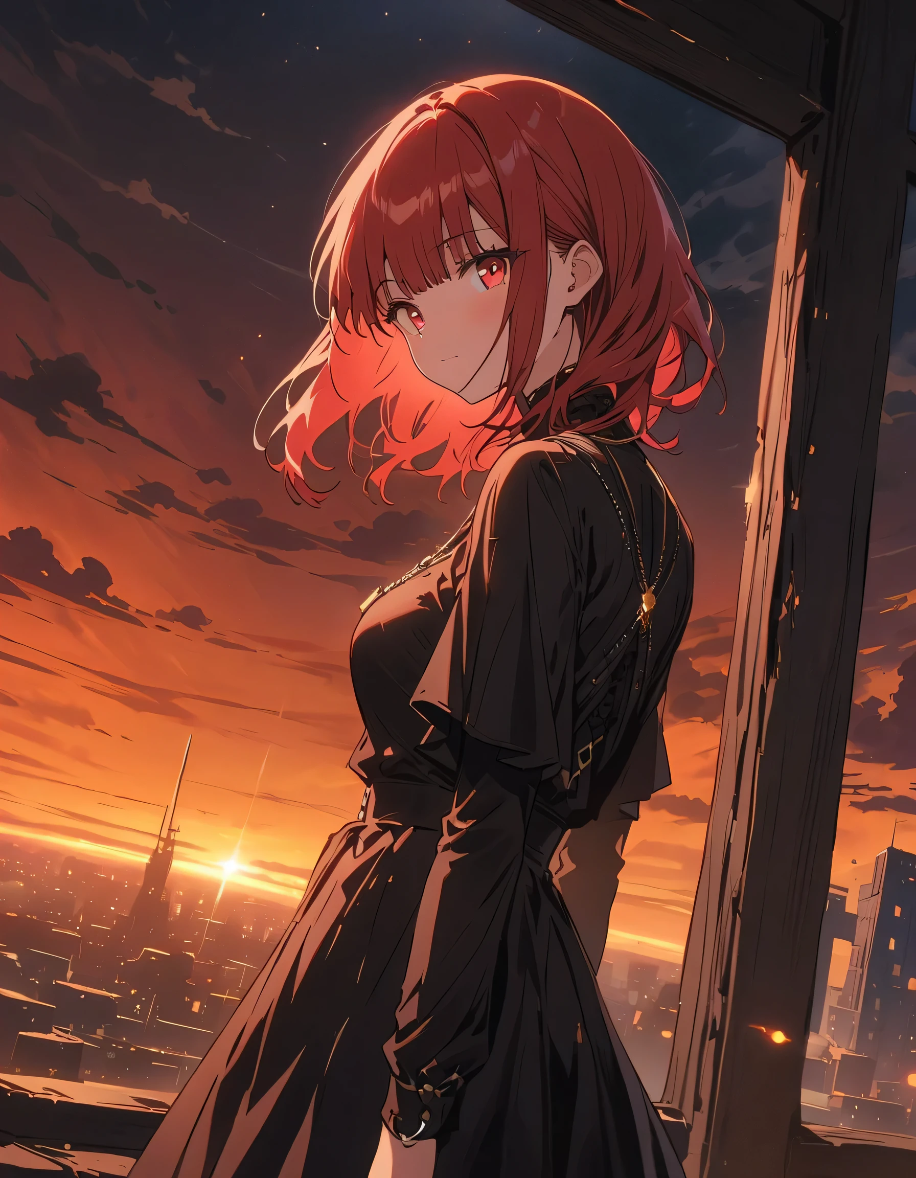 (highest quality、masterpiece、High resolution、detailed)、anime style、Flat Style、(Shining Eyes、Beautiful Face),  1 girl、masterpiece, highest quality, anime, Highly detailed face, Very detailed eyes, Highly detailed background, Perfect lighting, One girl, alone, whole body, Lying prone with a sniper rifle, Latex Legwear, Cool black outfit, Redhead, Amulets、Outdoor、Rooftop、(sniper rifle、Sniper at a distance) 、(highest quality、masterpiece、High resolution、detailed)、anime style、Flat Style、(Shining Eyes、Beautiful Face),  BREAK,1 girl、extremely detailed(The Shining), Best lighting, Best Shadow、High saturation、Dynamic Angle、anime