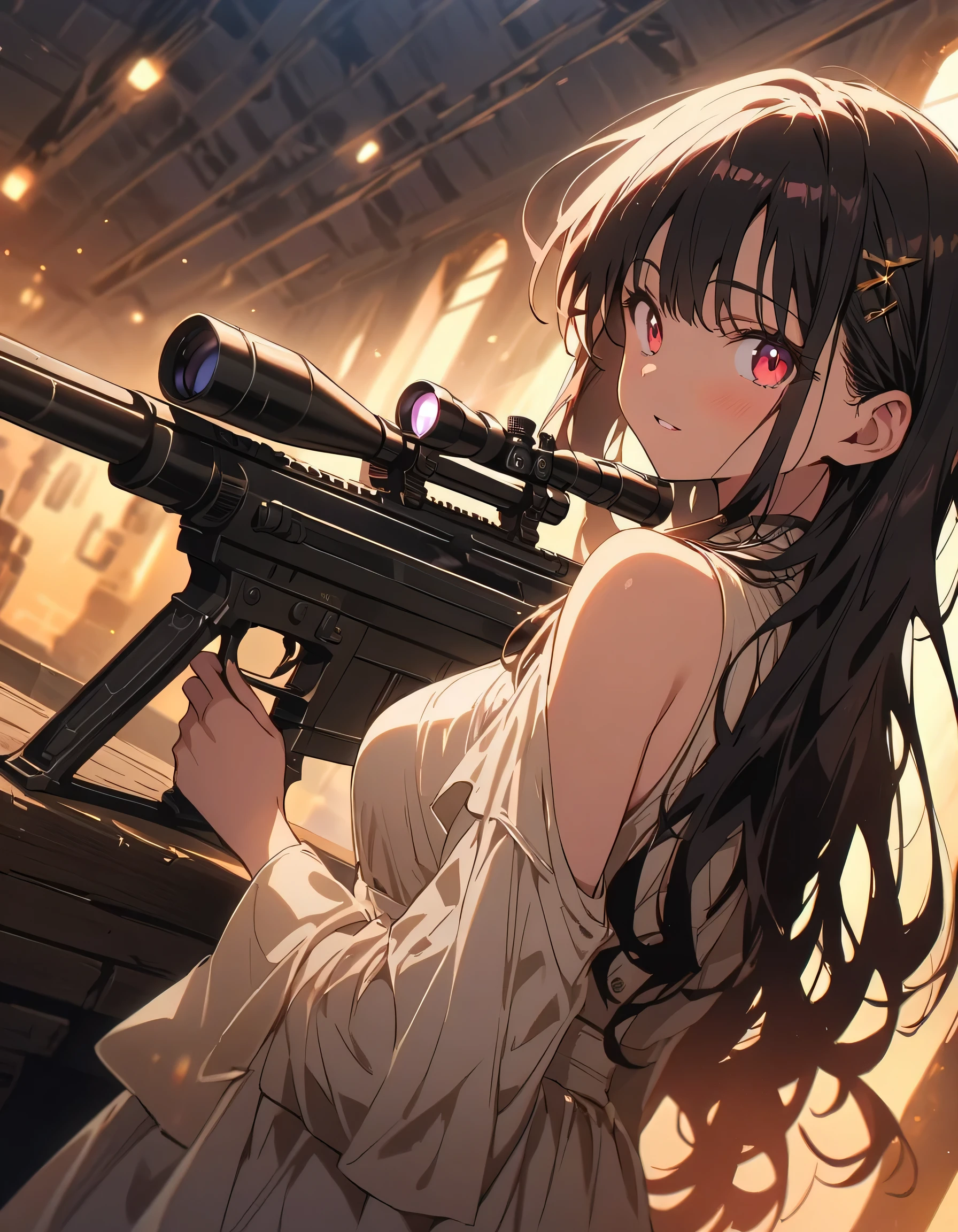 (highest quality、masterpiece、High resolution、detailed)、anime style、Flat Style、(Shining Eyes、Beautiful Face),  1 girl、masterpiece, highest quality, anime, Highly detailed face, Very detailed eyes, Highly detailed background, Perfect lighting, One girl, alone, whole body, Lying prone with a sniper rifle, Latex Legwear, Cool black outfit, Redhead, Amulets、Outdoor、Rooftop、(sniper rifle、Sniper at a distance) 、(highest quality、masterpiece、High resolution、detailed)、anime style、Flat Style、(Shining Eyes、Beautiful Face),  BREAK,1 girl、extremely detailed(The Shining), Best lighting, Best Shadow、High saturation、Dynamic Angle、anime