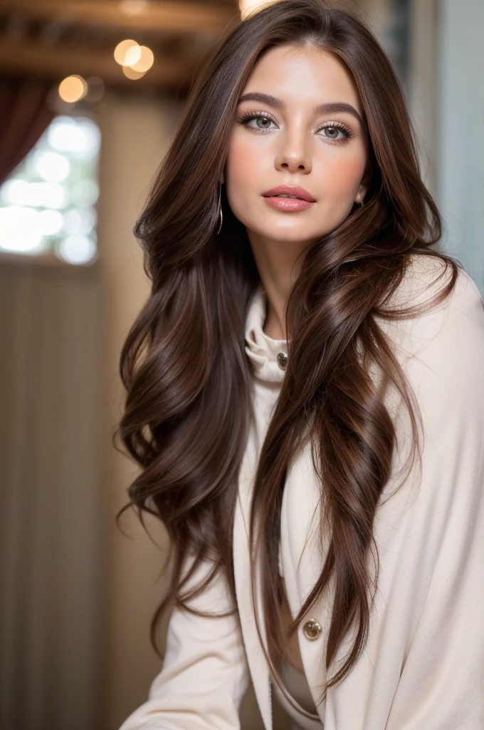 Professional photograph, best quality, 8K, hyper detailed, full body, A close up portrait of a Gorgeous, pretty, warm-hearted, kind-hearted, good-hearted, stunning, cheerful, sweet, polite, sensitive, sensible, shiny, charming, alluring, dreamy, graceful, majestic, classy, stylish, flowing super long brown haired argentinian woman. Flowing hair, silky hair, glowing hair, ethereal argentinian beauty, exotic argentinian beauty, timeless argentinian beauty, dream argentinian beauty. She has the cutest face, beaming countenance, fair porcelain skin, soft make-up, red lipstick, she is wearing a burgundy leather jacket, skinny trousers, and boots. She's glad, happy, cheerful, joyful, angelical face, angelical beauty. Affectionate woman, tenderness and delicacy in person.