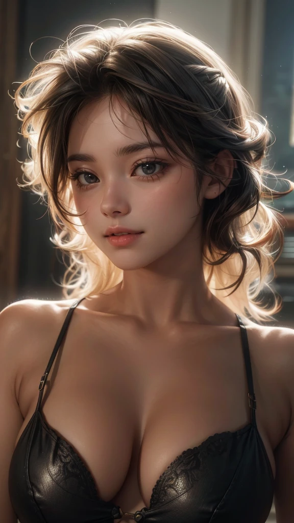 (best quality,4k,8k,highres,masterpiece:1.2),ultra-detailed,(realistic,photorealistic,photo-realistic:1.37), illustration by artgerm and gerald brom, attractive woman, perfect body, huge breasts, hyperfeminine curves, cute and playful pose, vibrant, emotive expressions