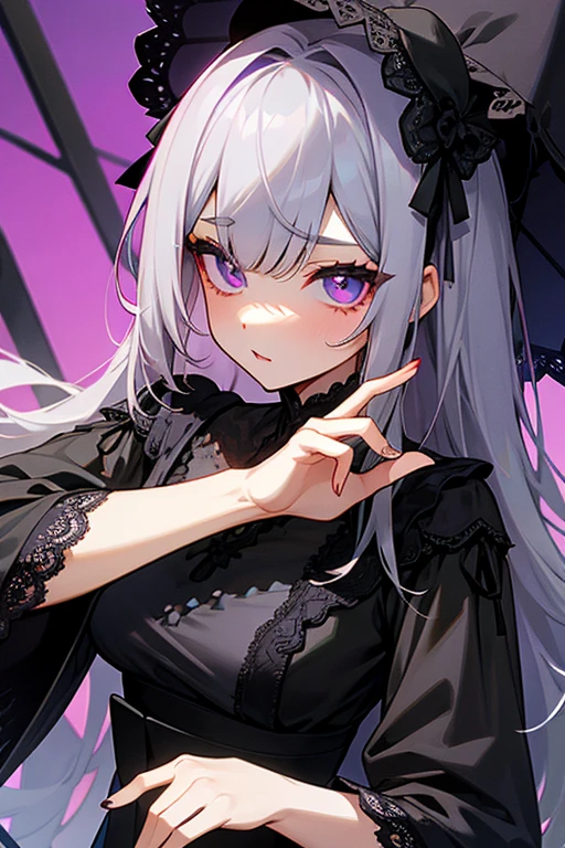 Gray Hair、length、The eyes are purple、Black lace dress、cute、