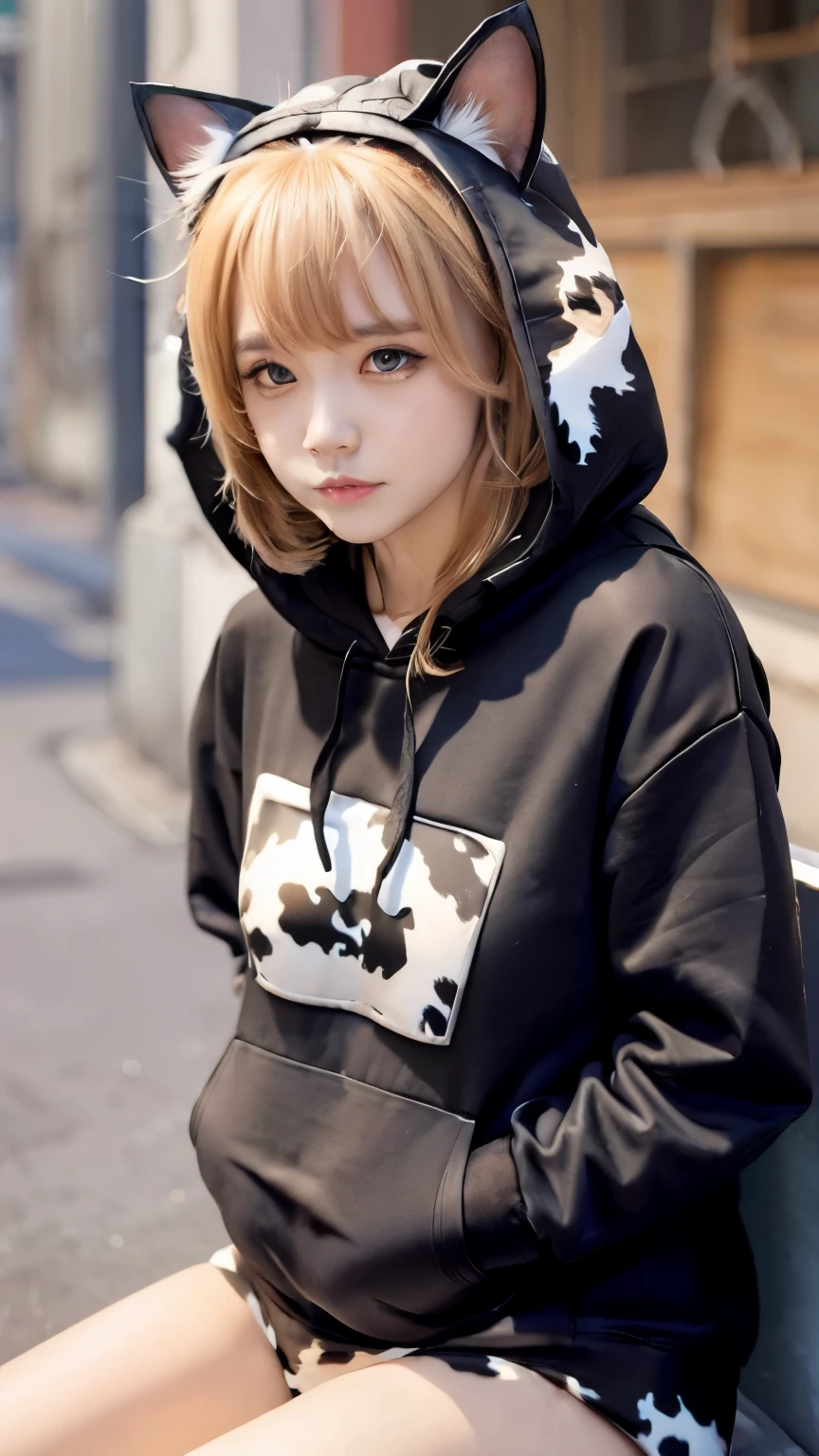 (Cat ears:1.3), (Cow pattern hoodie:1.3)