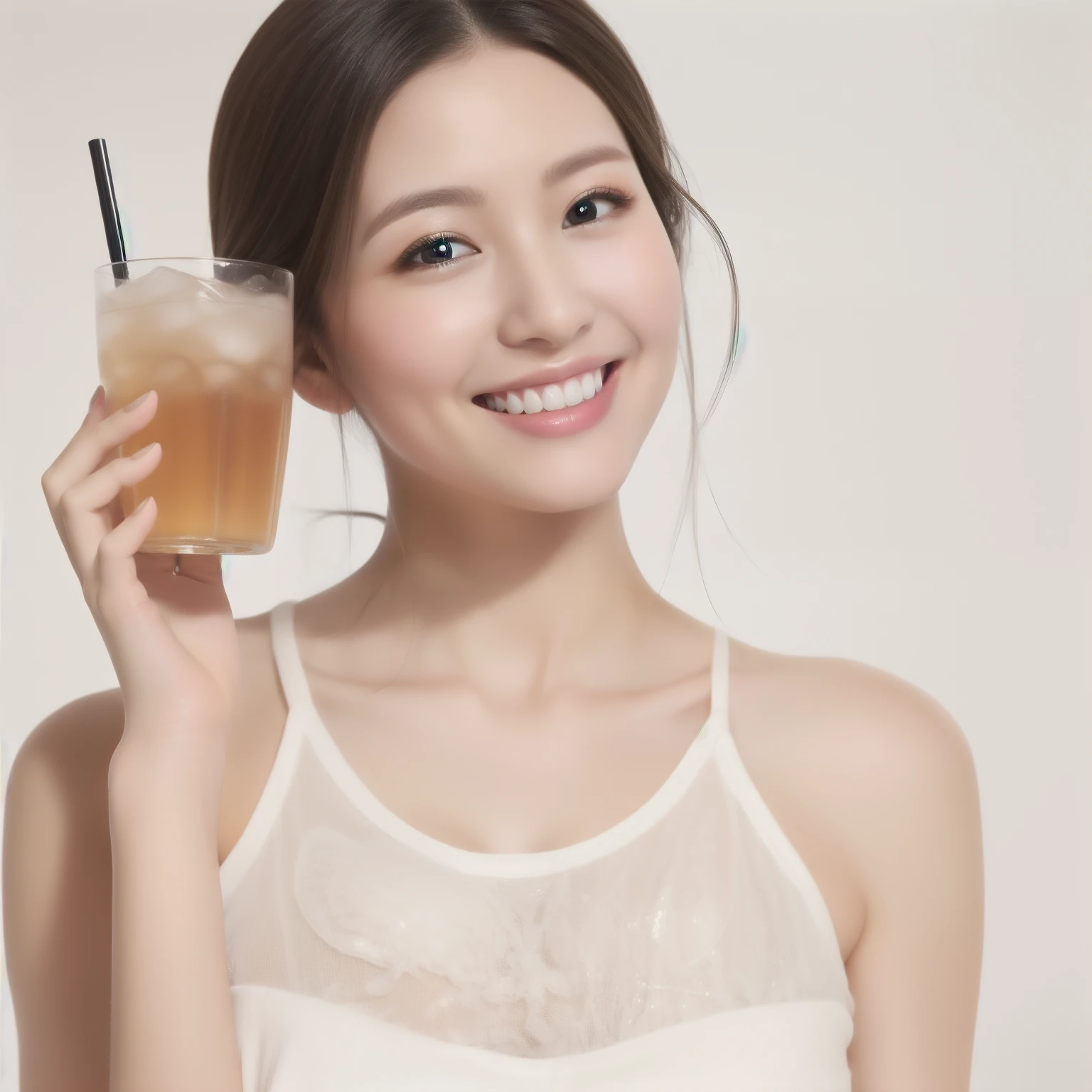 Casual clothing、high quality、Surreal、healthy、Smiling face、Slim and perfect figure、Japanese Beauty、Beautiful Eyes、Perfect Face、Beautiful Skin、White background、Upper body、Hold iced tea in your right hand