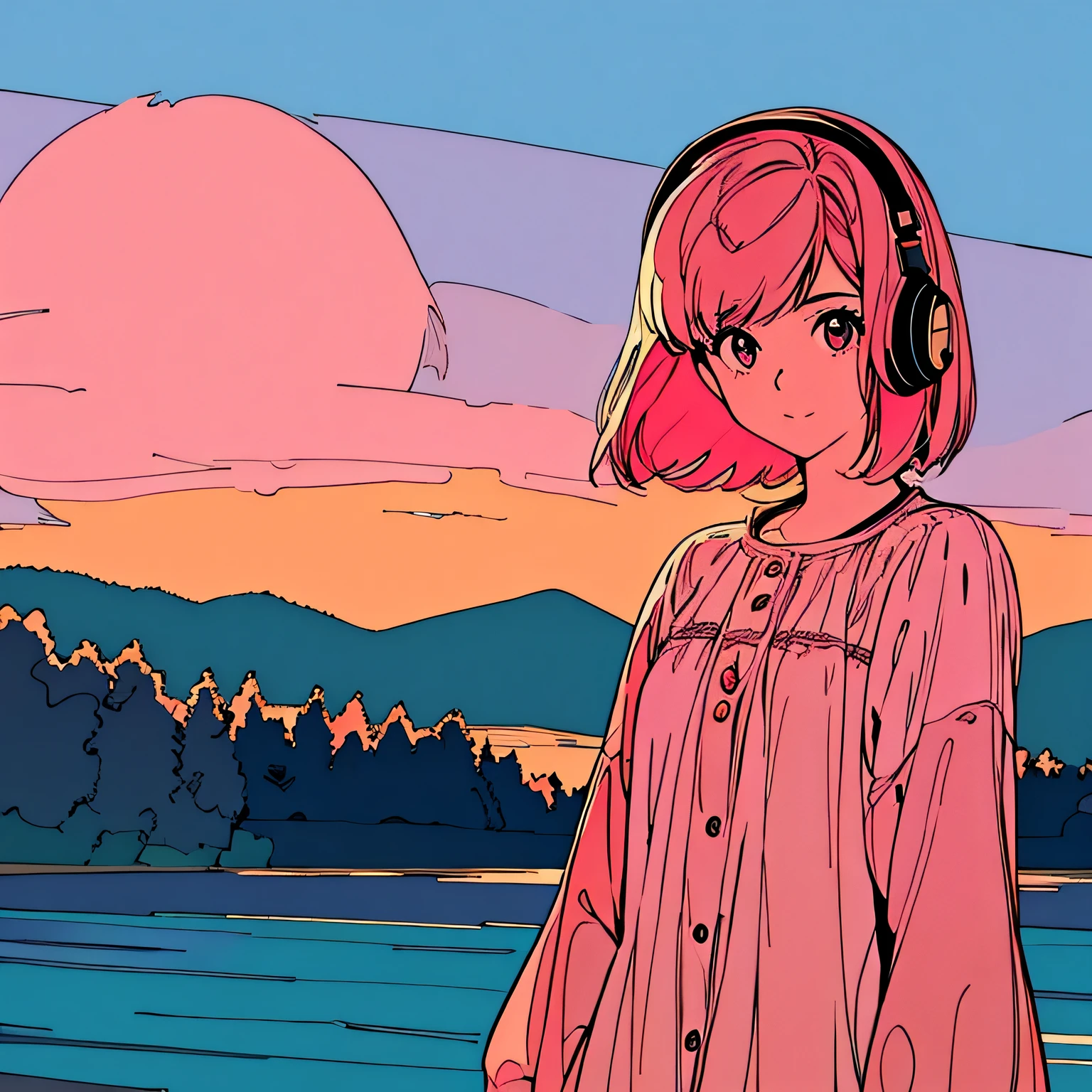 shoulder length pink Hair, fluffy bob cut, wearing headphones, Fantasy, Magnificent world, Big Sunset,Nature