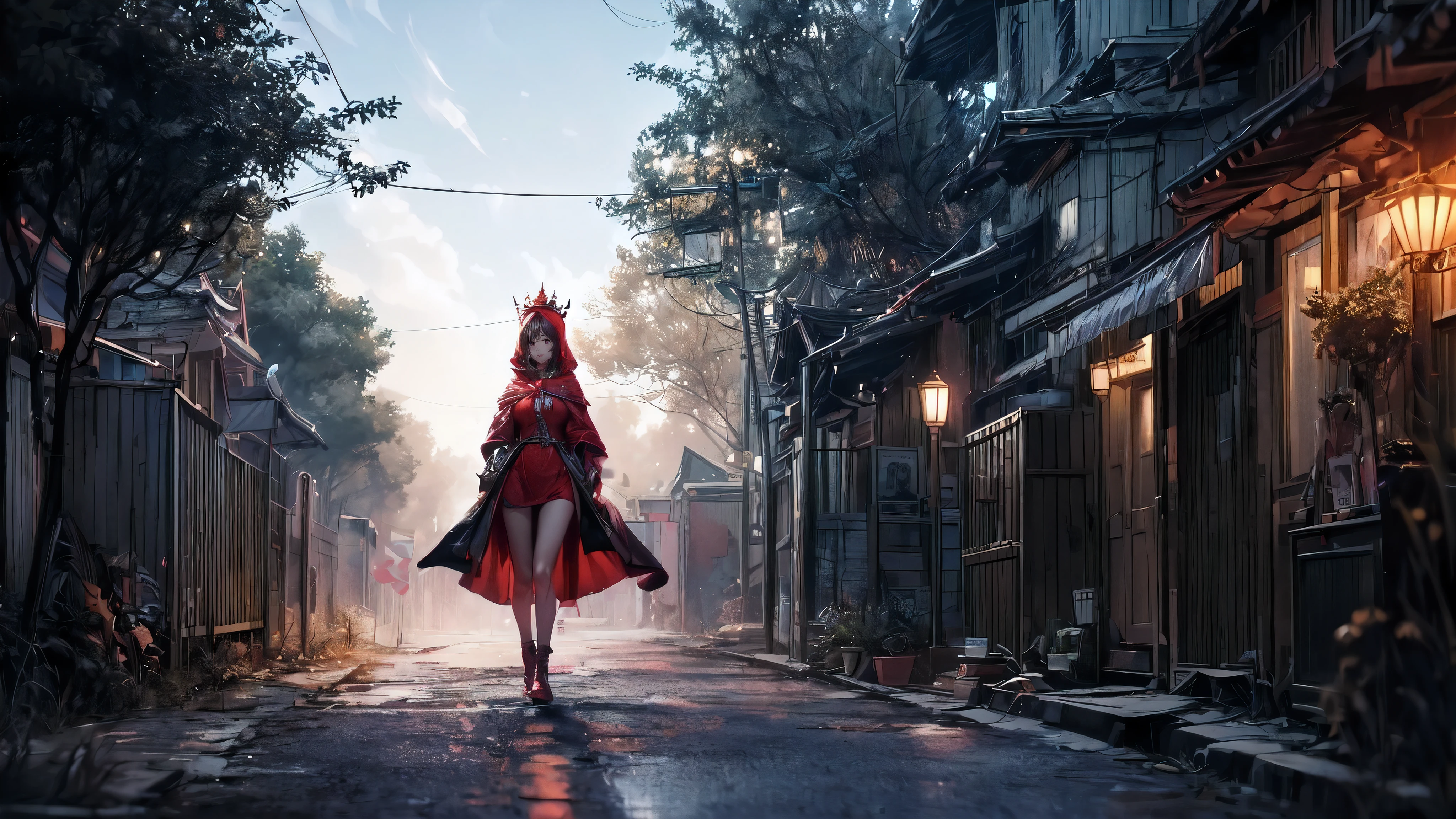 A woman wearing a red dress walks on the street in the rain, anime style, 4k, 2.5d CGI anime fantasy artwork, anime wallpaper 4k, anime wallpaper 4k, 4k anime wallpaper, artwork in the style of Goetz, Japanese cyberpunk street, anime style, 8k, CGsociety and Fenghua Zhong, (best quality, 4k, 8k, highres, masterpiece:1.2), ultra-detailed, (realistic, photorealistic, photo-realistic:1.37), HDR, UHD, studio lighting, ultra-fine painting, sharp focus, physically-based rendering, extreme detail description, professional, vivid colors, bokeh, portraits, landscape, horror, anime, sci-fi, photography, concept artists, warm colors, dim lighting.