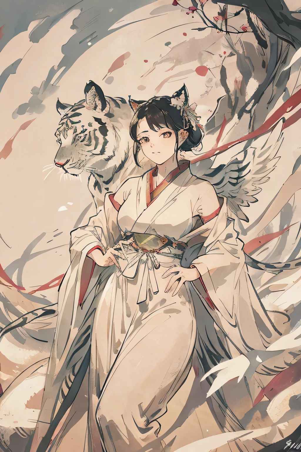 Mythical，Big Wings，Female warrior in white robe，There is a white tiger beside me