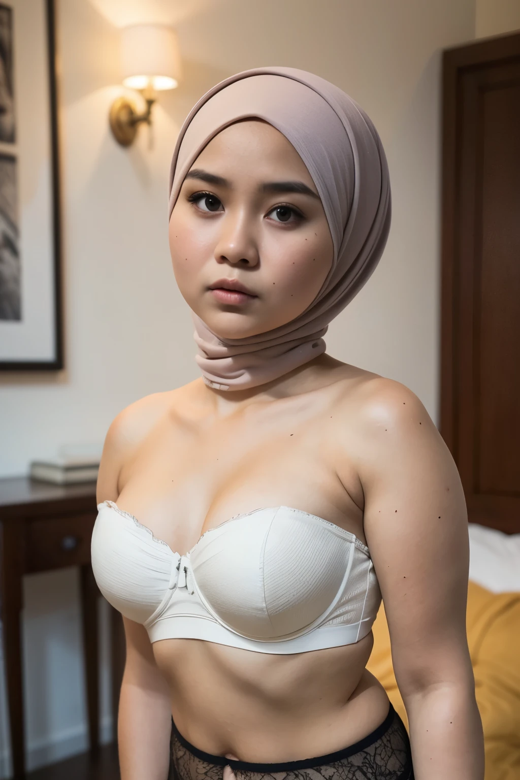 ((Chubby:1.6)), ((Flat Chest)), Naked, Angry pose, Angry face, (((HIJAB MALAY GIRL))), masutepiece, High quality, UHD 45K, Realistic face, Realistic skin feeling , A Malaysia Lady, 18 years old, , Very cute and baby-like face, (((FLAT CHEST))), (MATRIX WORLD), ((look In front  at the camera and SADNESS)), ((())), (((CUTE GIRL))), ((WHITE PASTEL LIPS)), ((WEARING STRAPLESS PASTEL BRA)), ((CHUBBY)), ((UNDRESS)). Brown, Flat Chest,  