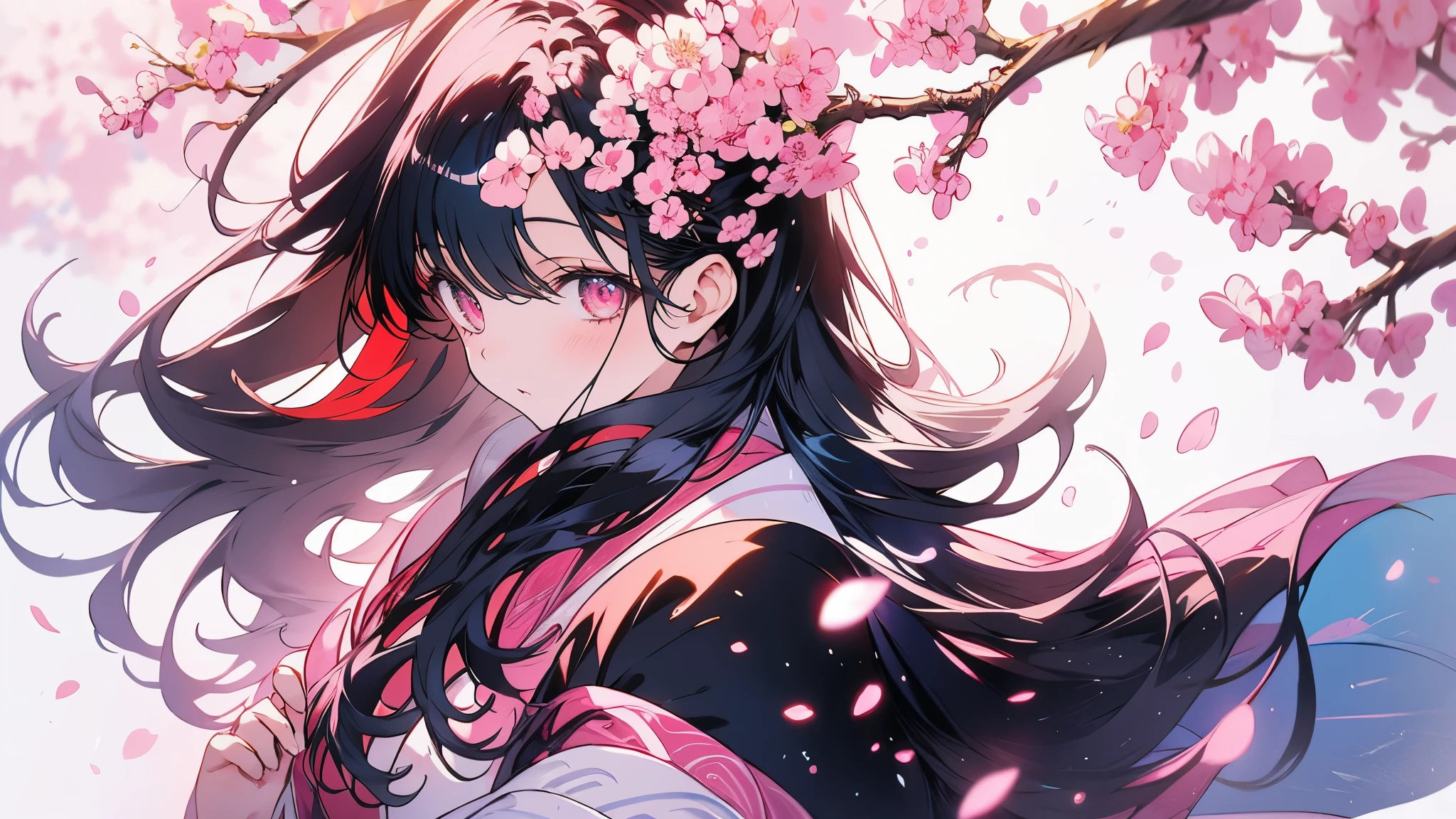 {{masterpiece, highest quality, Highly detailed CG, 8k wallpaper, 3D, Cinema Lighting}}、1girl、Rows of cherry blossom trees in full bloom、A woman with a calm expression under a cherry blossom tree、Black Hair、Long Hair、kimono、A fantastic atmosphere、Gentle breeze、Petals fluttering、Quiet landscape、The contrast between the blue sky and the pink cherry blossoms、Soft natural lighting