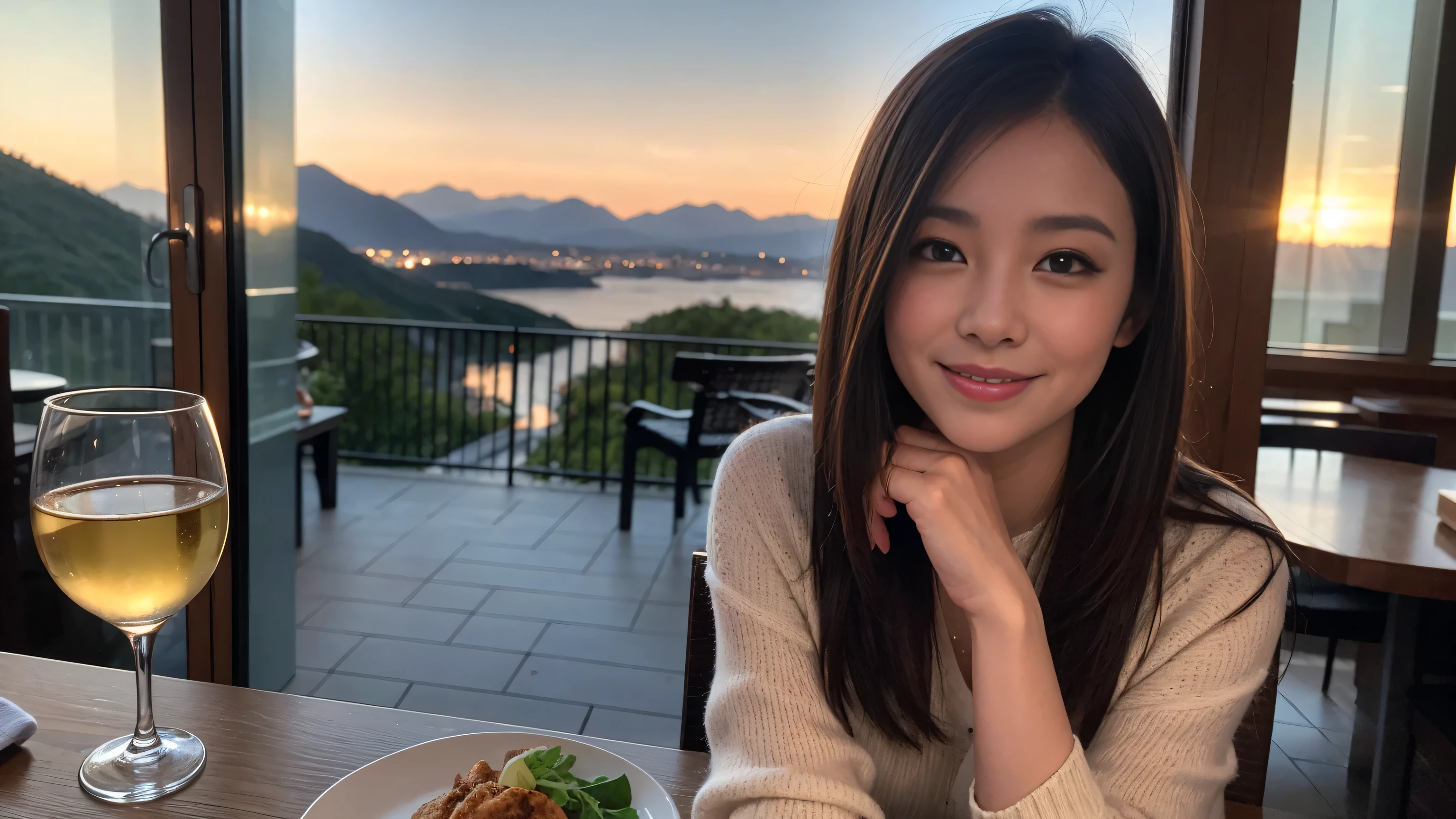 ((highest quality、8k、masterpiece:1.3))、Sharp focus:1.2、Beautiful woman perfect body:1.4、Slim body、((Bob Hale、Straight hair:1.2))、(to be born, highest quality, masterpiece:1.5), (Realistic, Intricate details:1.2), Ultra-high resolution, shine a light on your face、Spectacular view of the sunset sky and clouds、Amazing mountain views、A bright smile、wine glass、red wine 、Appetizer、Italian food、Wine bottle、Champagne、sparkling wine、, Beautiful Face, blue eyes, The light shines on your face, Blushing, short hair,Bright Face、Fox face、 (36 years old), 39 years old, Lady、Two beauties、Brown Hair、Shortcuts、Long sleeve shirt、dress、Pretty Woman 1, (slim face), (The body is slim), (Brown Hair), (Shortcuts), cheeks turn a little red,Attractive beauty、, Out of the window, A beautiful and detailed night view unfolds.........., restaurant, In a prominent place (From the waist up) Nova Frog Style, actress, model, Upper Body, White wine, slim, wine glass, A wine glass placed in the middle, smile, (smile: 1.15), Beautiful fine grain, Depth f/2,saturation, High Contrast, Strong light and shadow,Moist Body:1.5、3D texture、Delicate eyes、Brown Hair、The hair is very shiny、