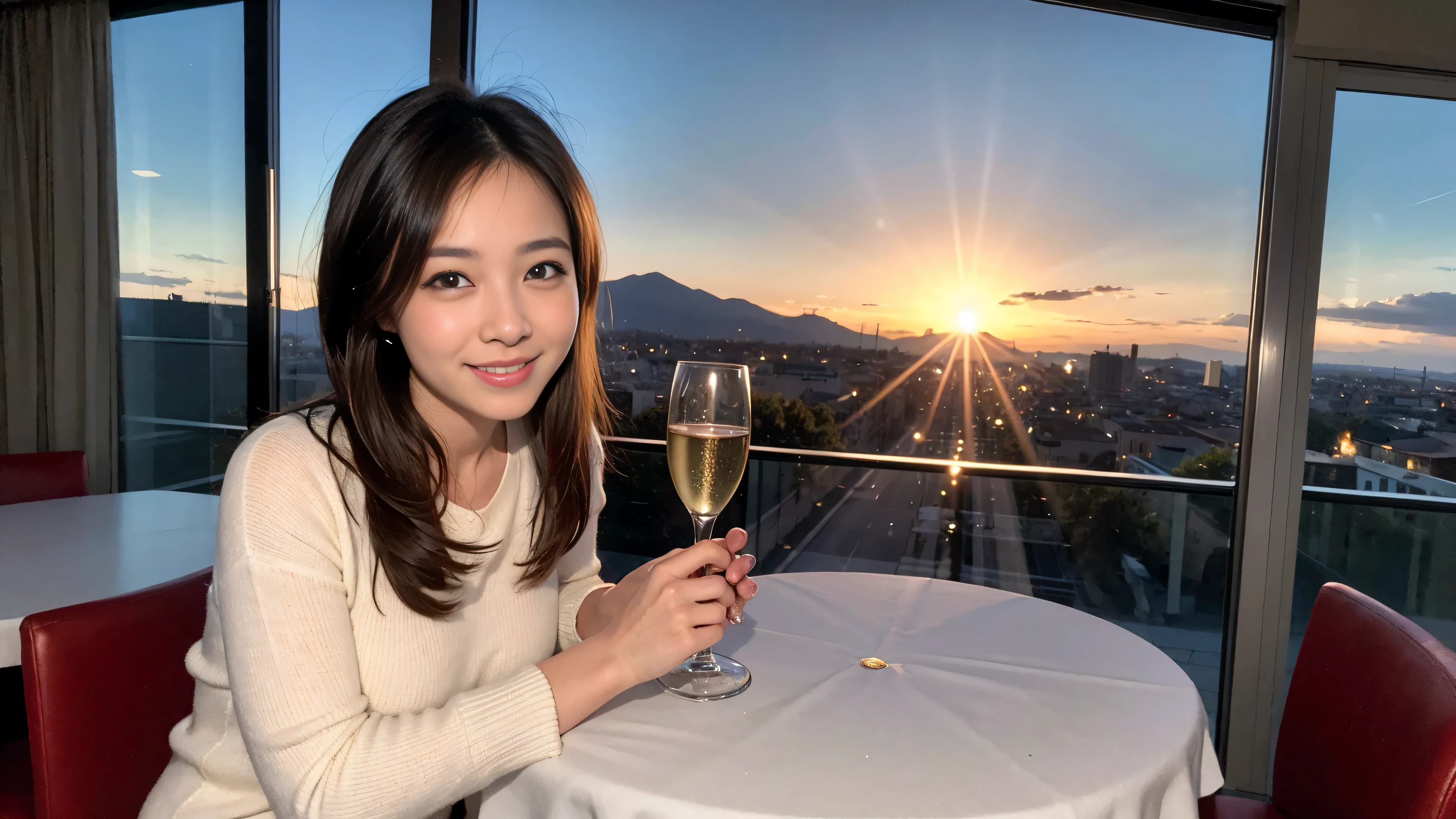 ((highest quality、8k、masterpiece:1.3))、Sharp focus:1.2、Beautiful woman perfect body:1.4、Slim body、((Bob Hale、Straight hair:1.2))、(to be born, highest quality, masterpiece:1.5), (Realistic, Intricate details:1.2), Ultra-high resolution, shine a light on your face、Spectacular view of the sunset sky and clouds、Amazing mountain views、A bright smile、wine glass、red wine 、Appetizer、Italian food、Wine bottle、Champagne、sparkling wine、, Beautiful Face, blue eyes, The light shines on your face, Blushing, short hair,Bright Face、Fox face、 (36 years old), 39 years old, Lady、Two beauties、Brown Hair、Shortcuts、Long sleeve shirt、dress、Pretty Woman 1, (slim face), (The body is slim), (Brown Hair), (Shortcuts), cheeks turn a little red,Attractive beauty、, Out of the window, A beautiful and detailed night view unfolds.........., restaurant, In a prominent place (From the waist up) Nova Frog Style, actress, model, Upper Body, White wine, slim, wine glass, A wine glass placed in the middle, smile, (smile: 1.15), Beautiful fine grain, Depth f/2,saturation, High Contrast, Strong light and shadow,Moist Body:1.5、3D texture、Delicate eyes、Brown Hair、The hair is very shiny、