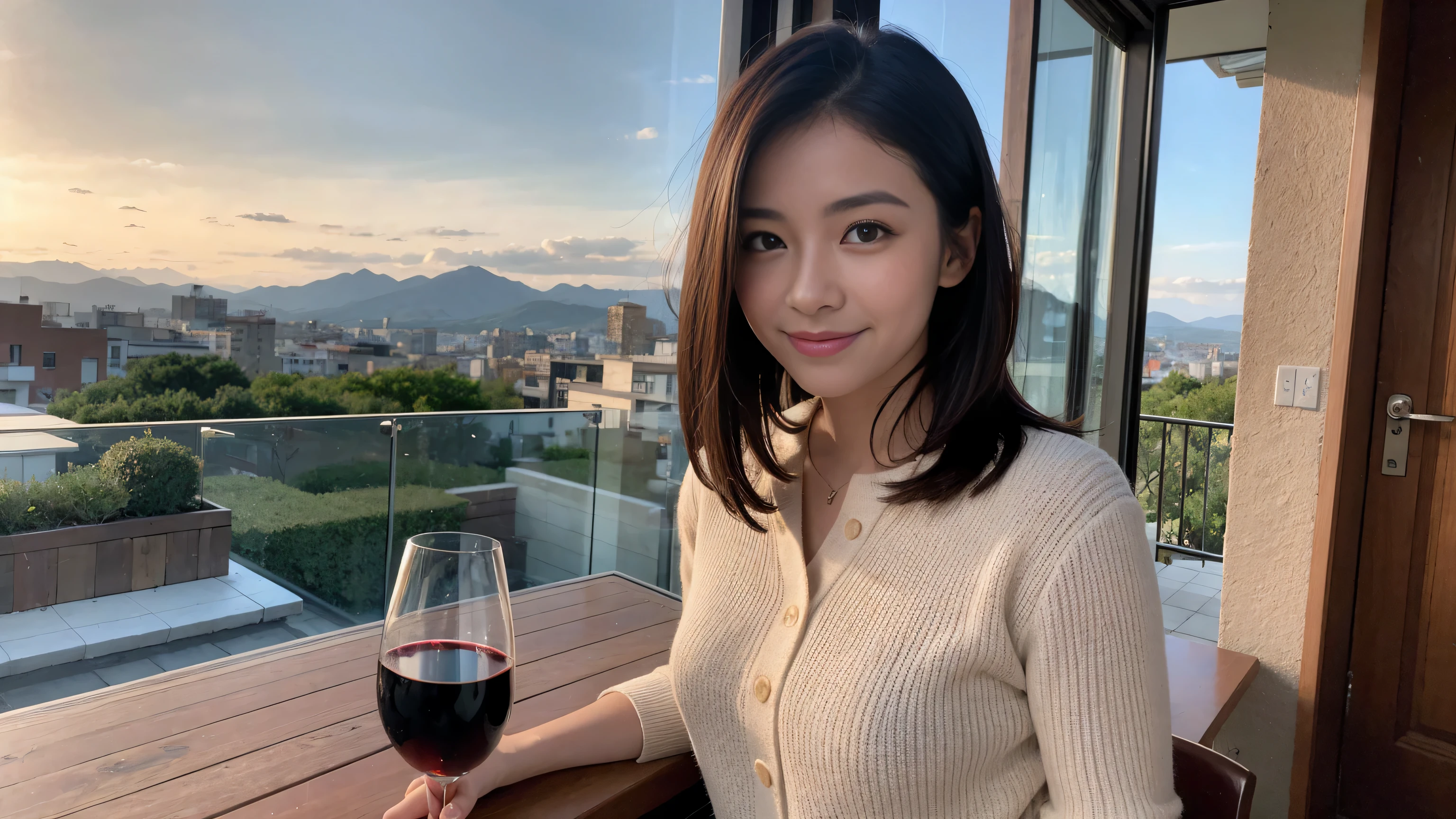 ((highest quality、8k、masterpiece:1.3))、Sharp focus:1.2、Beautiful woman perfect body:1.4、Slim body、((Bob Hale、Straight hair:1.2))、(to be born, highest quality, masterpiece:1.5), (Realistic, Intricate details:1.2), Ultra-high resolution, shine a light on your face、Spectacular view of the sunset sky and clouds、Amazing mountain views、A bright smile、wine glass、red wine 、Appetizer、Italian food、Wine bottle、Champagne、sparkling wine、, Beautiful Face, blue eyes, The light shines on your face, Blushing, short hair,Bright Face、Fox face、 (36 years old), 39 years old, Lady、Two beauties、Brown Hair、Shortcuts、Long sleeve shirt、dress、Pretty Woman 1, (slim face), (The body is slim), (Brown Hair), (Shortcuts), cheeks turn a little red,Attractive beauty、, Out of the window, A beautiful and detailed night view unfolds.........., restaurant, In a prominent place (From the waist up) Nova Frog Style, actress, model, Upper Body, White wine, slim, wine glass, A wine glass placed in the middle, smile, (smile: 1.15), Beautiful fine grain, Depth f/2,saturation, High Contrast, Strong light and shadow,Moist Body:1.5、3D texture、Delicate eyes、Brown Hair、The hair is very shiny、