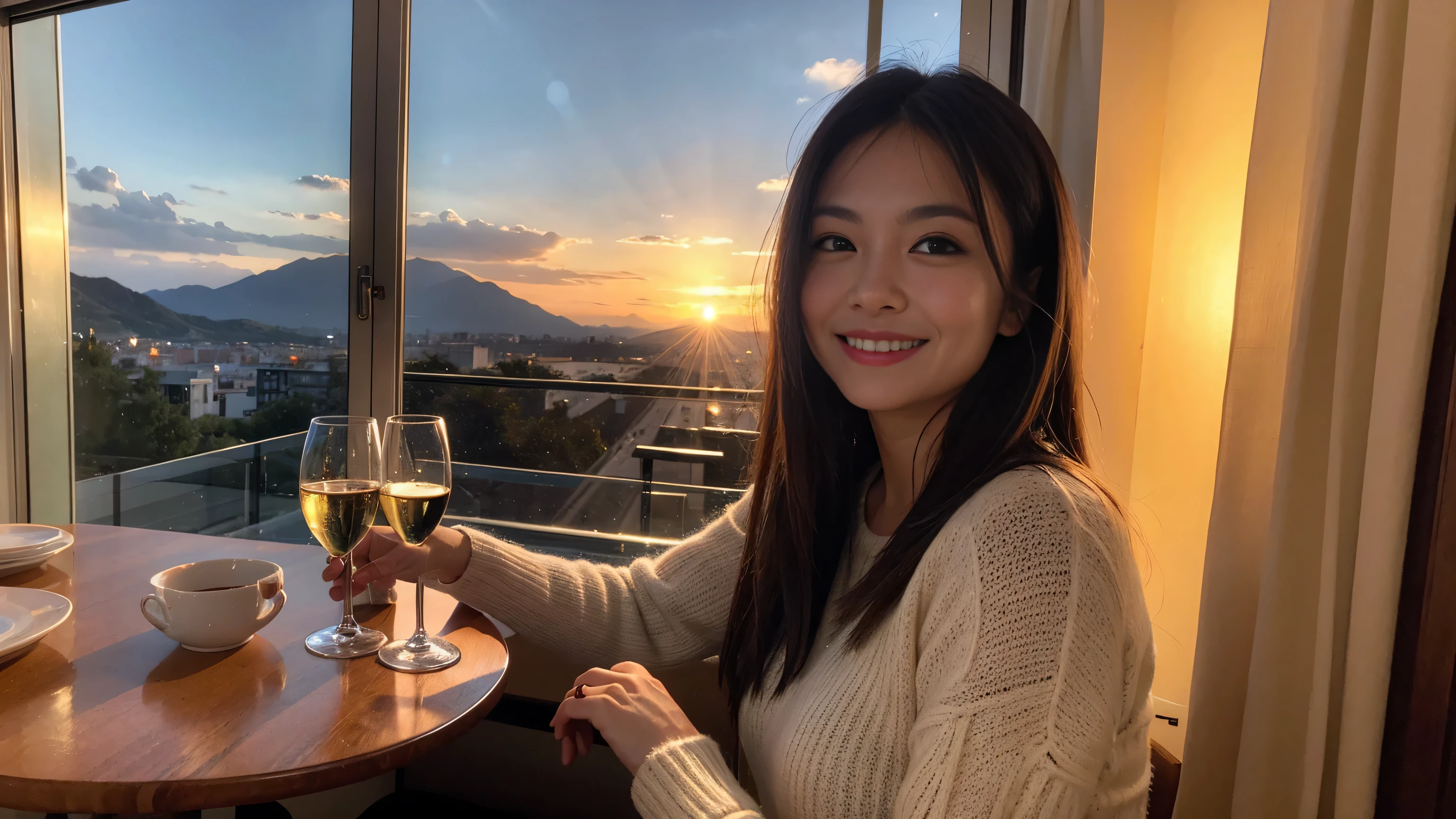 ((highest quality、8k、masterpiece:1.3))、Sharp focus:1.2、Beautiful woman perfect body:1.4、Slim body、((Bob Hale、Straight hair:1.2))、(to be born, highest quality, masterpiece:1.5), (Realistic, Intricate details:1.2), Ultra-high resolution, Please shine a light on my face、Amazing view of the sunset sky and clouds、Amazing mountain views、A bright smile、wine glass、red wine 、Appetizers、Italian food、Wine bottle、Champagne、sparkling wine、, Beautiful Face, blue eyes, The light shines on your face, Blushing, short hair,Bright Face、Fox face、 (36 years old), 39 years old, Lady、Two beauties、Brown Hair、Shortcuts、Long sleeve shirt、dress、Pretty Woman 1, (Slim face), (The body is slim), (Brown Hair), (Shortcuts), cheeks turn a little red,Attractive beauty、, Out of the window, A beautiful and detailed night view unfolds.........., restaurant, In a prominent place (From the waist up) Nova Frog Style, actress, model, Upper Body, White wine, slim, wine glass, Wine glass placed in the center, smile, (smile: 1.15), Beautiful fine grain, Depth f/2,saturation, High Contrast, Strong light and shadow,Moist Body:1.5、3D texture、Delicate eyes、Brown Hair、The hair is very shiny、