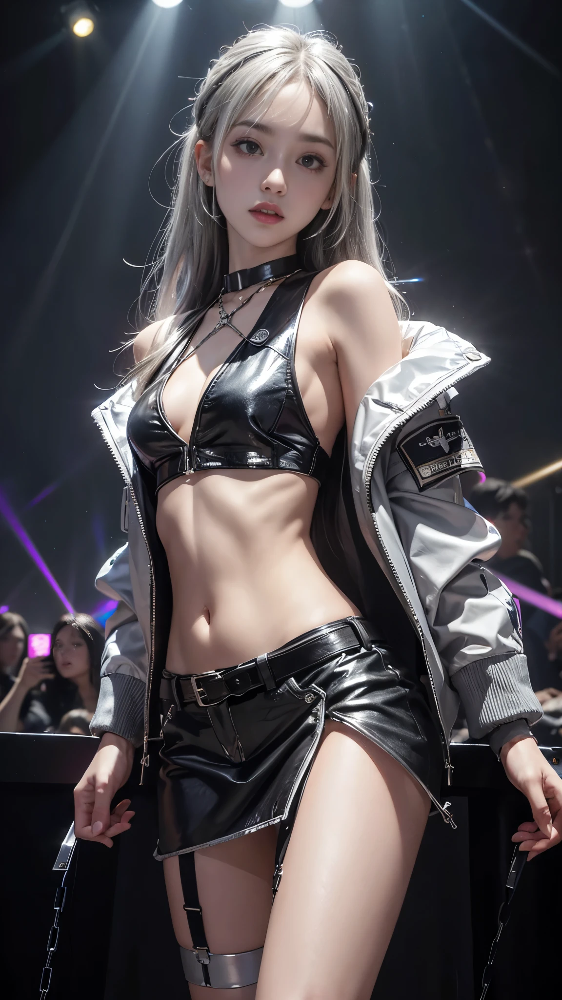 8K, ultra hd, masterpiece, hd colors, 1 girl, perfect face, very long curly hair, detailed eyes, rockstar outfit, ((silver jacket)), ((thin vest)), short mini skirt, belt:1.5, stocking, ((criss-cross strips)), ((silver chain)), stars, bare shoulder, bare stomach, jwellery, Realistic club, lighting stage, (spot light:1.5), night club, decorated stage, bulbs, (colorful light:1.5), bloom lighting, foggy effect, laying body pose,