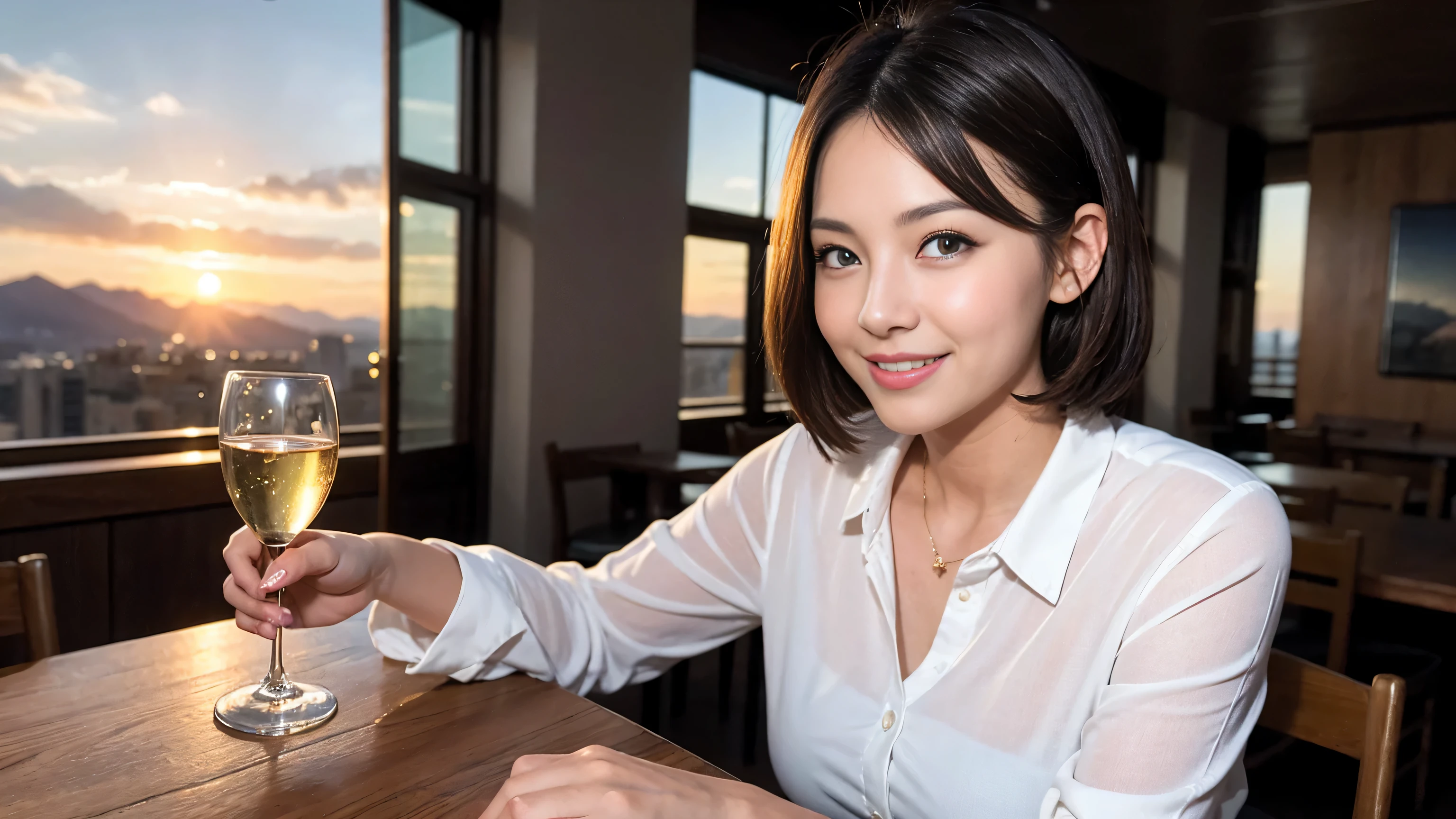 ((highest quality、8k、masterpiece:1.3))、Sharp focus:1.2、Beautiful woman perfect body:1.4、Slim body、((Bob Hale、Straight hair:1.2))、(to be born, highest quality, masterpiece:1.5), (Realistic, Intricate details:1.2), Ultra-high resolution, shine a light on your face、Spectacular view of the sunset sky and clouds、Amazing mountain views、A bright smile、wine glass、red wine 、Appetizer、Italian food、Wine bottle、Champagne、sparkling wine、, Beautiful Face, blue eyes, The light shines on your face, Blushing, short hair,Bright Face、Fox face、 (42 years old), 40 years old, Lady、Two beauties、Brown Hair、Shortcuts、Long sleeve shirt、dress、Pretty Woman 1, (slim face), (The body is slim), (Brown Hair), (Shortcuts), cheeks turn a little red,Attractive beauty、, Out of the window, A beautiful and detailed night view unfolds.........., restaurant, In a prominent place (From the waist up) Nova Frog Style, actress, model, Upper Body, White wine, slim, wine glass, A wine glass placed in the middle, smile, (smile: 1.15), Beautiful fine grain, Depth f/2,saturation, High Contrast, Strong light and shadow,Moist Body:1.5、3D texture、Delicate eyes、Brown Hair、The hair is very shiny、