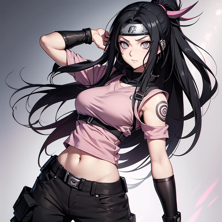 A Naruto style anime girl, with long black hair and pale skin, face piercings, grey eyes and arm tattoos. She’s wearing a light pink top and black cargo pants. She’s holding a set of throwing knives