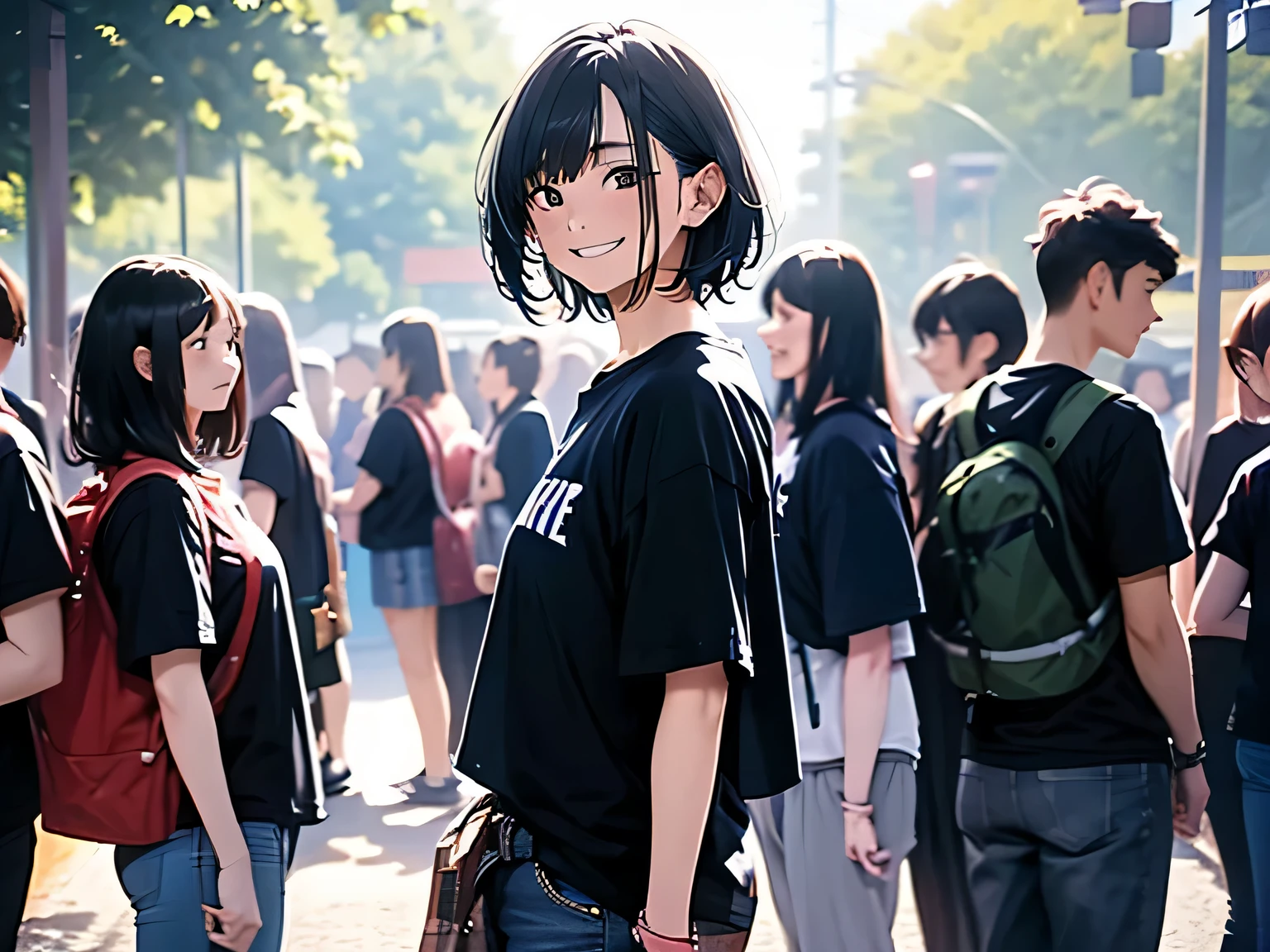 On the playground,Very long queue,College students queuing,Standing in line,argumentative,(A young male,Black short hair,Wearing a black T-shirt,Blue Jeans),Smile,Standing in the team,There are students queuing in front and behind