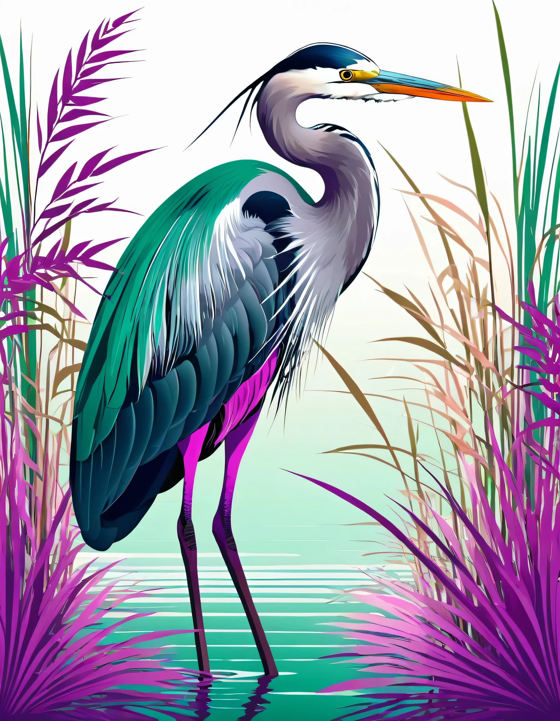 Heron in Reed Paradise.
violet green pink digital vector graphics.
teal on white background
