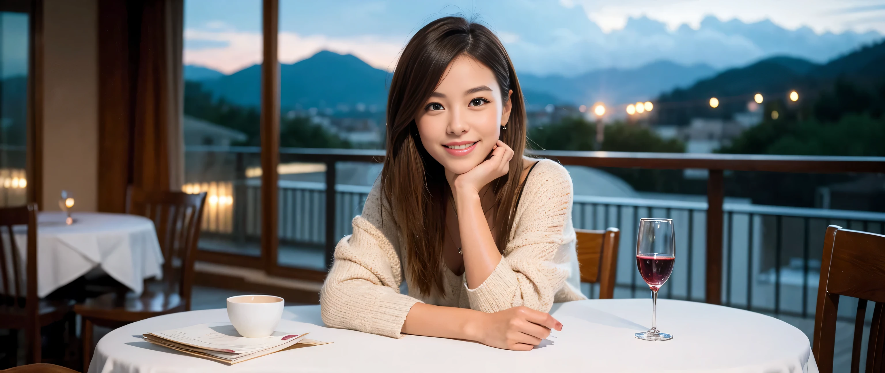 ((highest quality、8k、masterpiece:1.3))、Sharp focus:1.2、Beautiful woman perfect body:1.4、Slim body、((Bob Hale、Straight hair:1.2))、(to be born, highest quality, masterpiece:1.5), (Realistic, Intricate details:1.2), Ultra-high resolution, shine a light on your face、Spectacular view of the sunset sky and clouds、Amazing mountain views、A bright smile、wine glass、red wine 、Appetizer、Italian food、Wine bottle、Champagne、sparkling wine、, Beautiful Face, blue eyes, The light shines on your face, Blushing, short hair,Bright Face、Fox face、 (42 years old), 40 years old, Lady、Two beauties、Brown Hair、Shortcuts、Long sleeve shirt、dress、Pretty Woman 1, (slim face), (The body is slim), (Brown Hair), (Shortcuts), cheeks turn a little red,Attractive beauty、, Out of the window, A beautiful and detailed night view unfolds.........., restaurant, In a prominent place (From the waist up) Nova Frog Style, actress, model, Upper Body, White wine, slim, wine glass, A wine glass placed in the middle, smile, (smile: 1.15), Beautiful fine grain, Depth f/2,saturation, High Contrast, Strong light and shadow,Moist Body:1.5、3D texture、Delicate eyes、Brown Hair、The hair is very shiny、