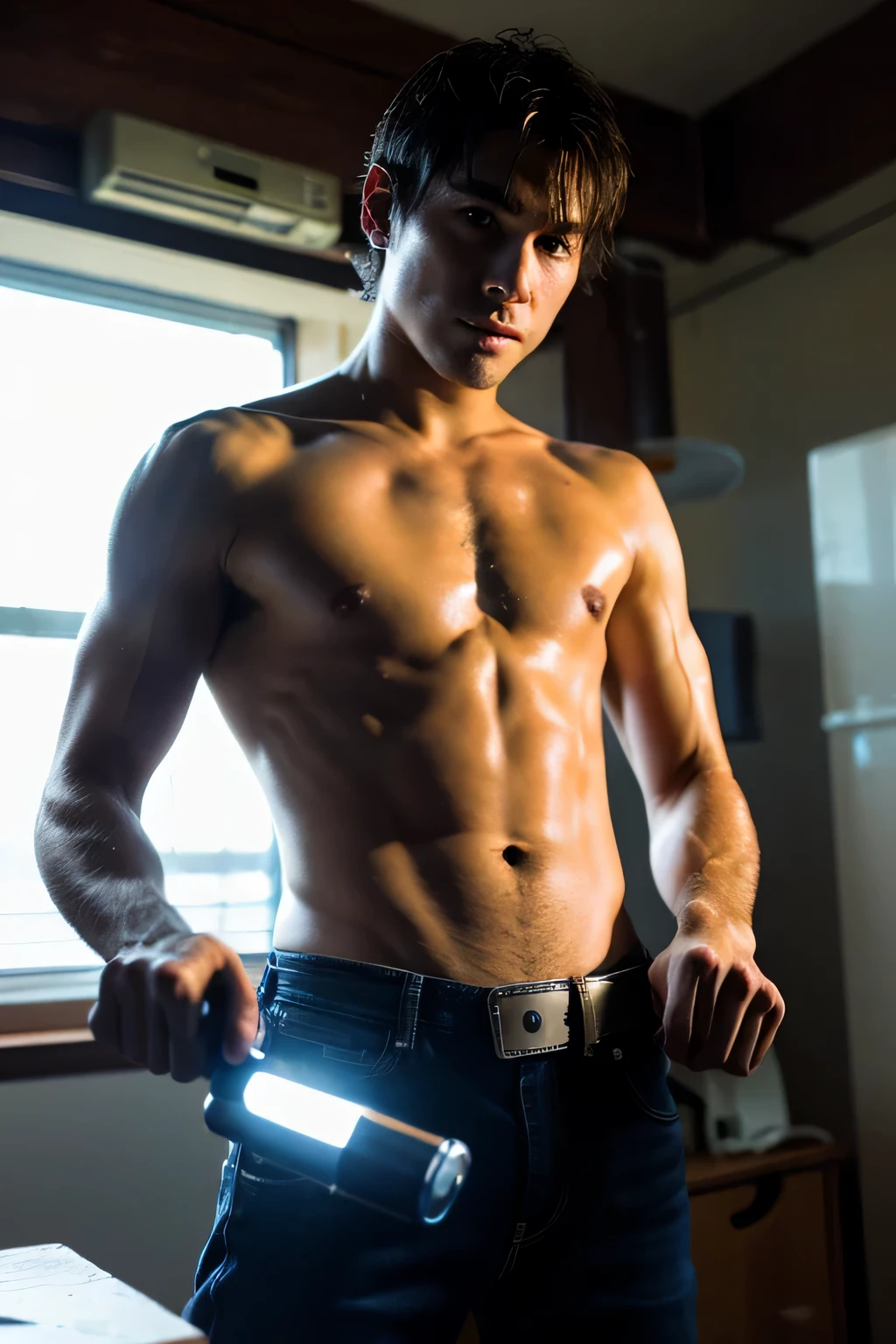 A shirtless cowboy smashes a computer with a hammer