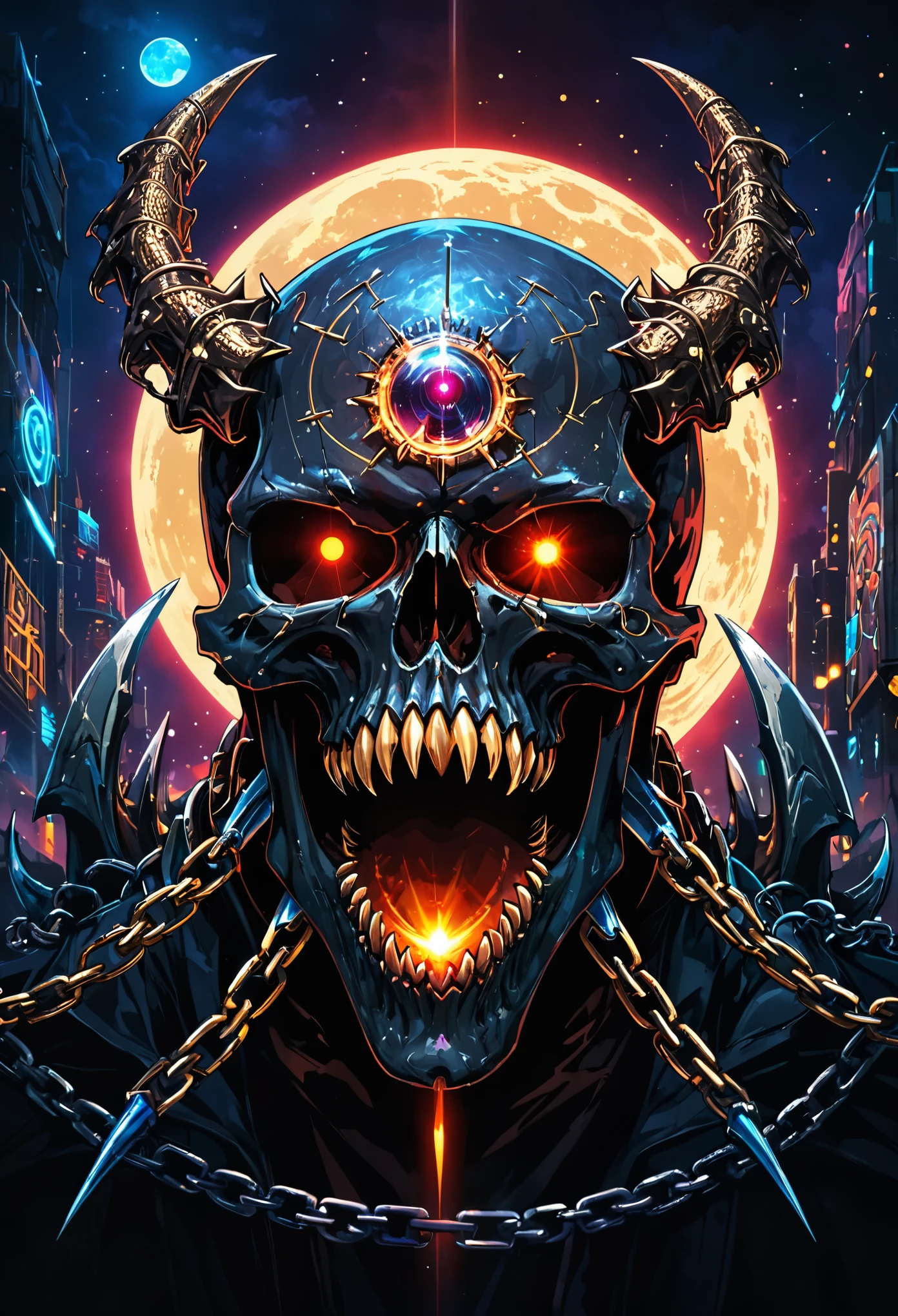 a red skull, dragon portrait, By Rostlan, Benedict Barna, Morel, (((gold jewelry))), (The pupil is composed of a moon-shaped image.:1.8), Miracle, Dark atmosphere, Black Forest, ((Neon glowing)), ((Blue Arc)), Characteristics of dragons, Dragon skull, Jewelry accessories, Diffraction spike, Bright colors、Bokeh、portrait、landscape、Fear、cartoon、Science fiction, photography, Concept Artist, Steel claws, Steel Fang, word graffiti, Electron Link, Metal chains, diffraction spikes