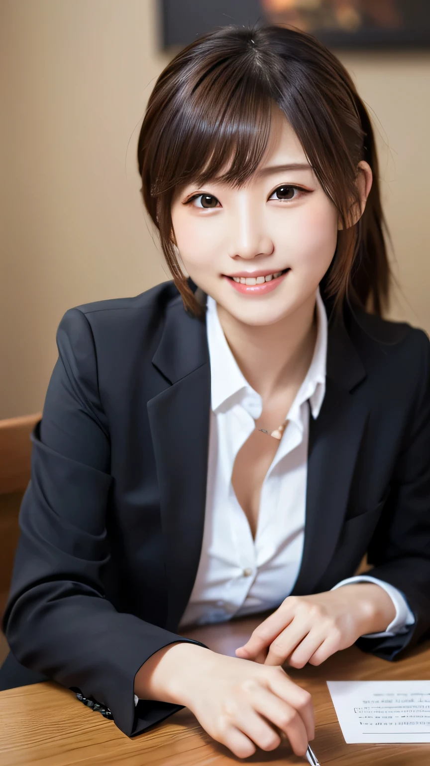 Tabletop, highest quality, figure, Very detailed, In detail, High resolution, 8k wallpaper, Perfect dynamic composition, Beautiful fine details, ponytail、OL,Women's Suits, Natural color lip, ,smile,20-year-old girl、cute、sexy shot looking at camera