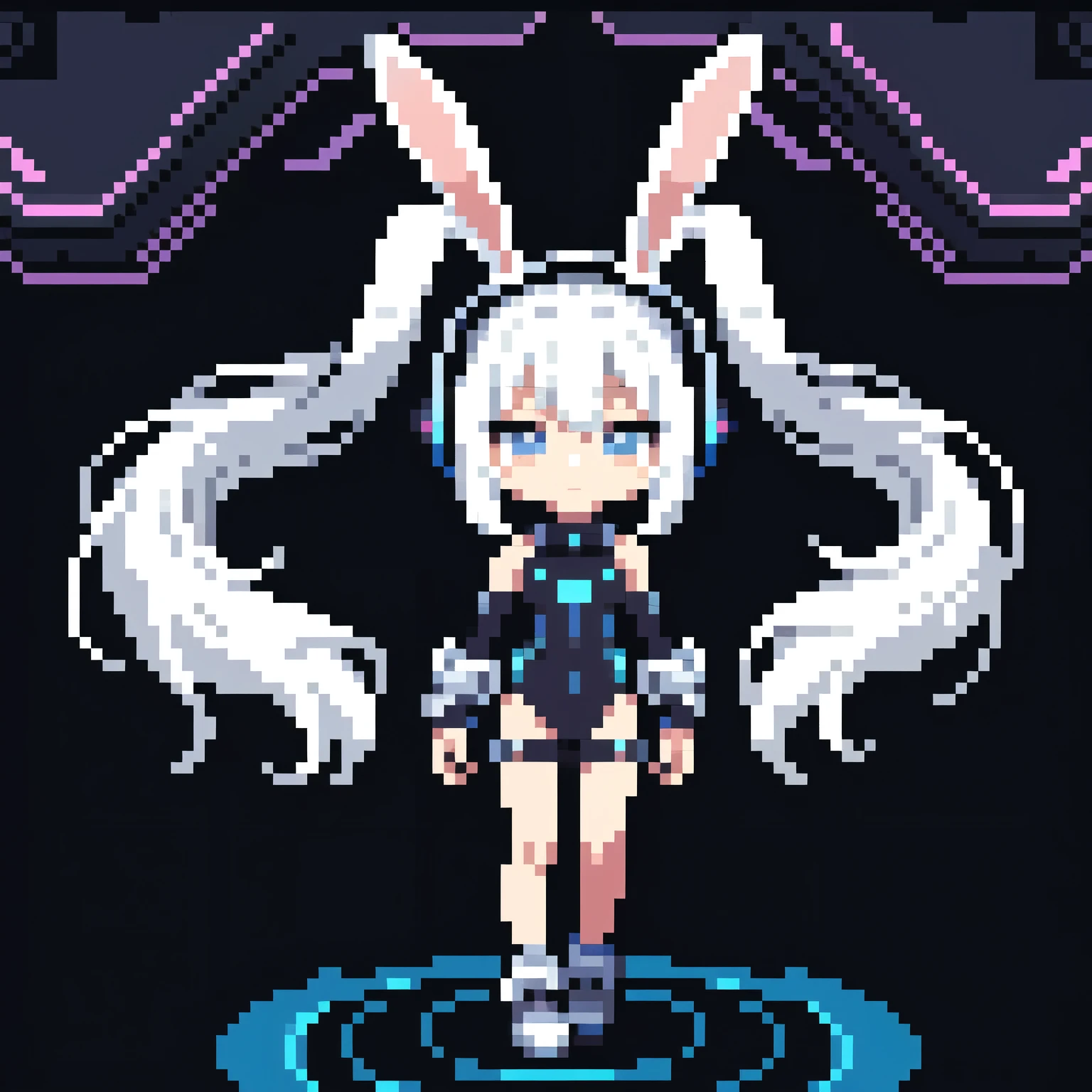 Long-distance shots,Full body portrait,Anime white hair , Wearing rabbit ears and futuristic headphones,cyber punk