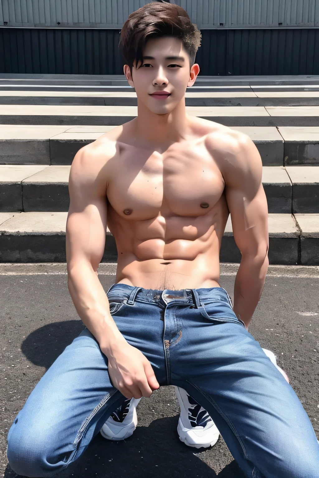 a shirtless 22-year old super male wearing jeans and shoes, cute, handsome face, six-pack abs, beautiful body, drenched with sweat, kneeling on the floor