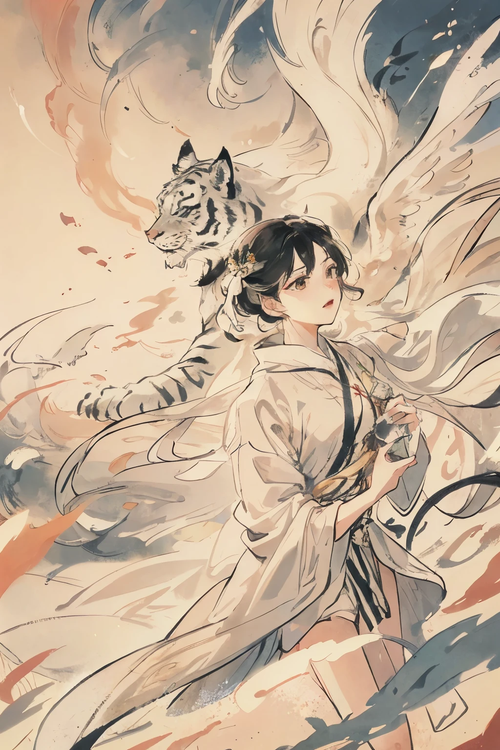 Mythical，Big Wings，Female warrior in white robe，There is a white tiger beside me