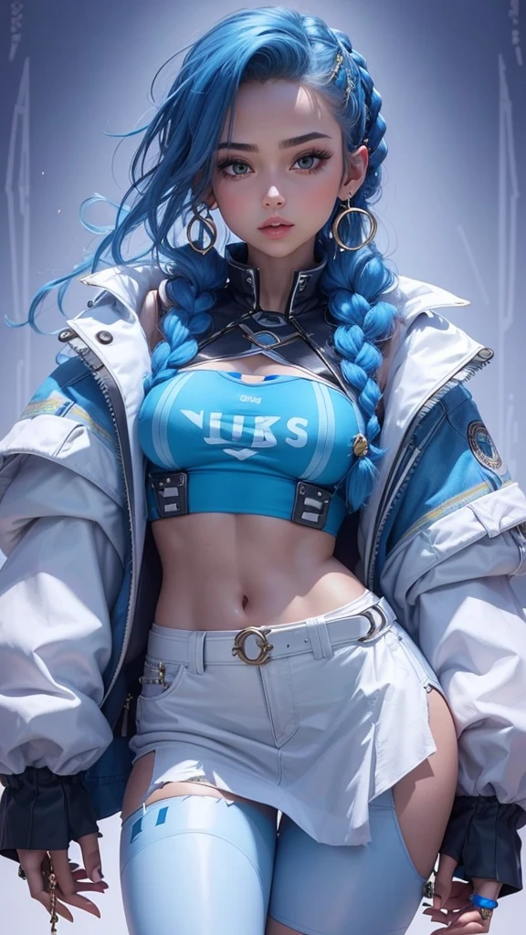 Beautiful girl, slim fit body , crop top, mini skirt , blue braided hair , big breasts, small waist, ear rings