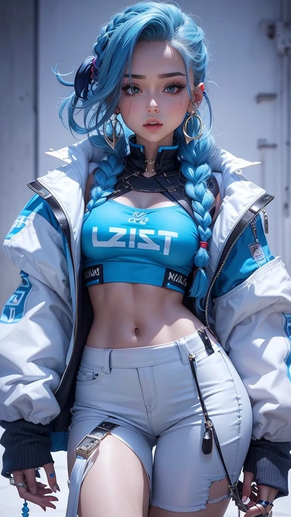 Beautiful girl, slim fit body , crop top, mini skirt ,  blue braided hair  , big breasts, small waist, ear rings 