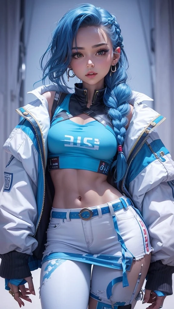 Beautiful girl, slim fit body , crop top, mini skirt ,  blue braided hair  , big breasts, small waist, ear rings 